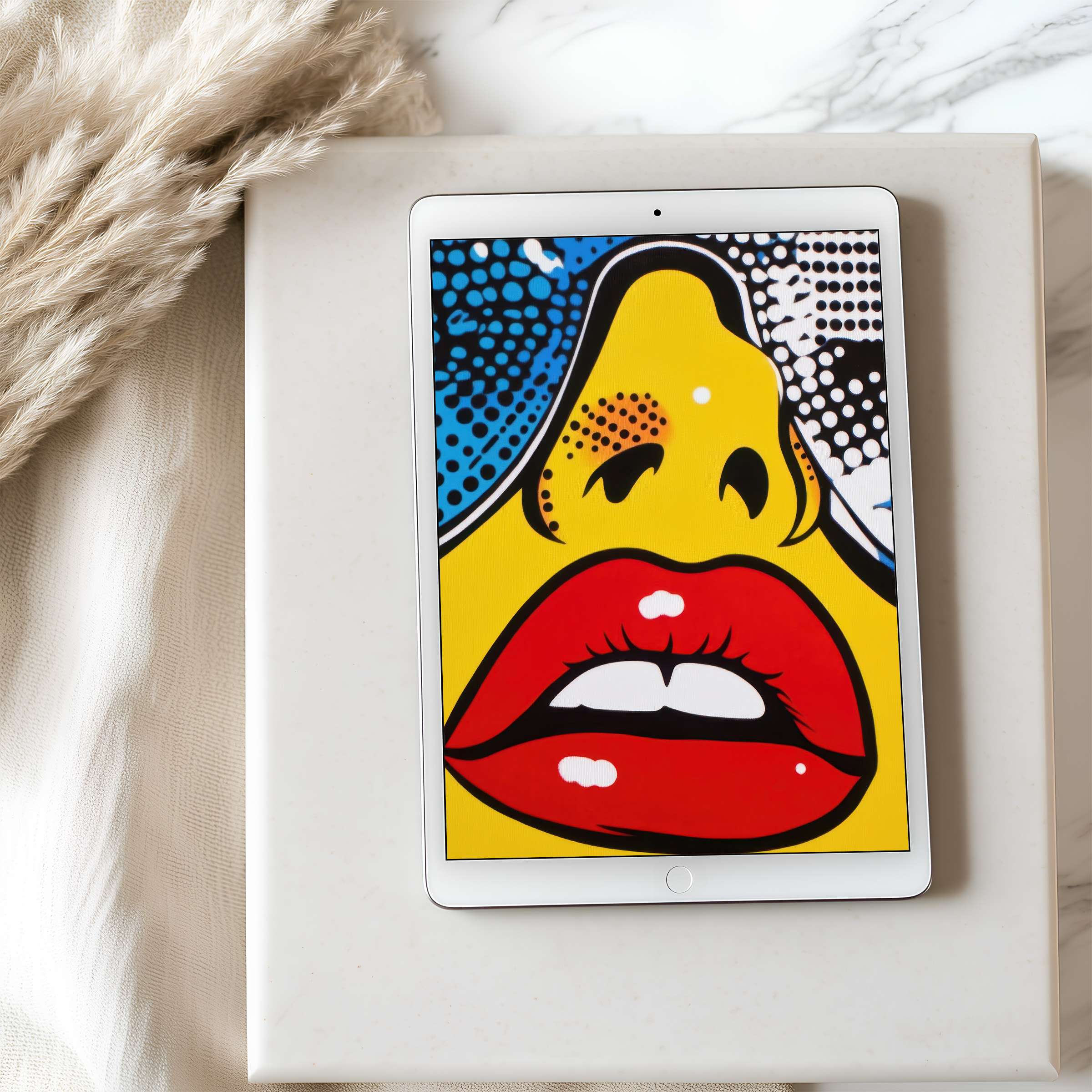 Vibrant pop art style tablet wallpaper featuring bold red lips, ideal for iPad and Android tablets, offering a high resolution digital download for modern interiors