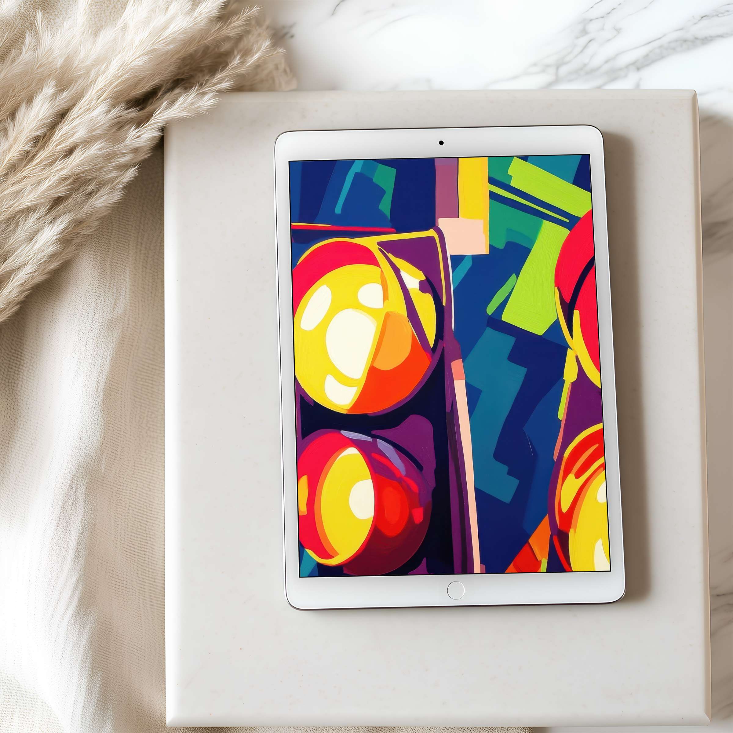 Vibrant abstract tablet wallpaper features bold colors and geometric shapes, perfect for an elegant iPad or Android digital download