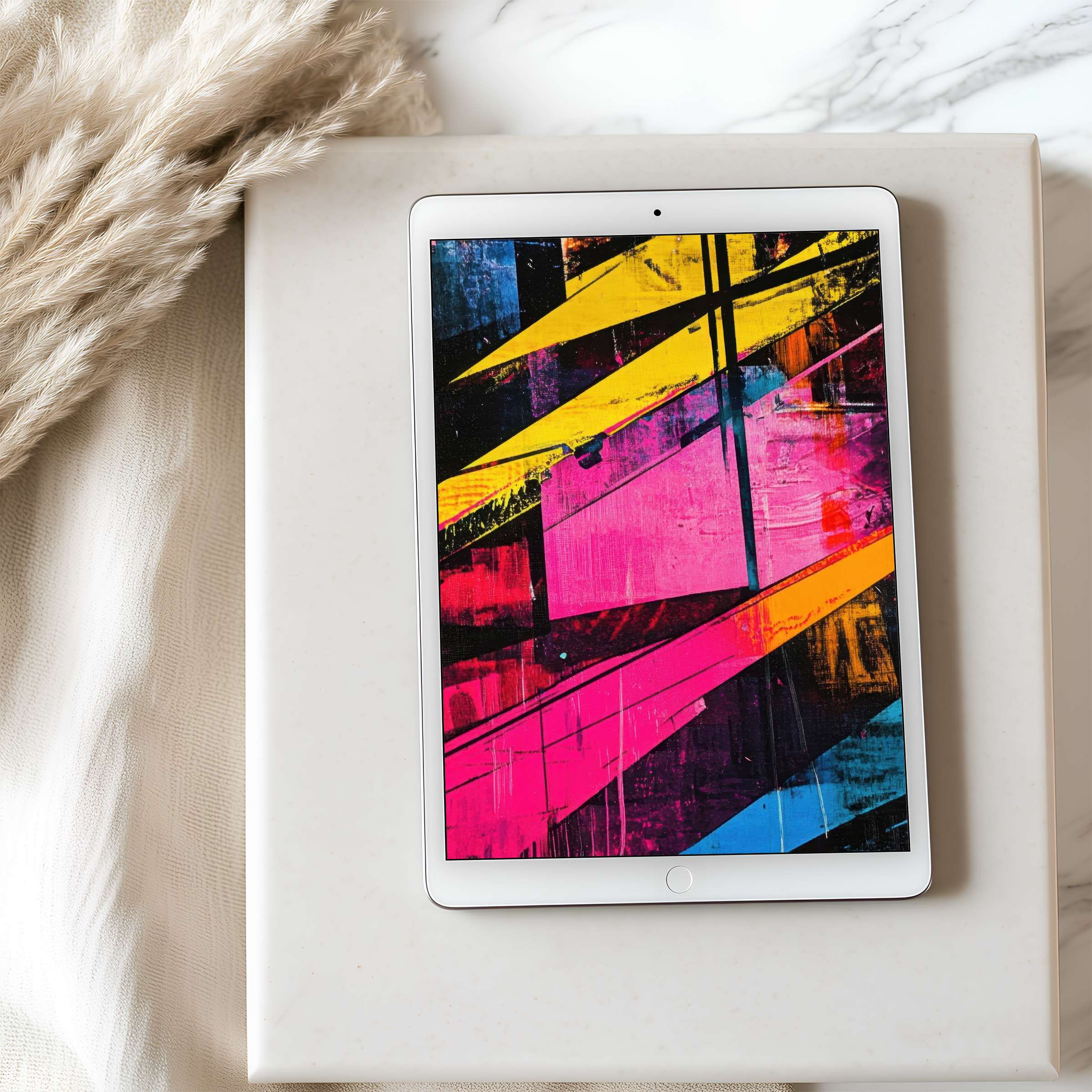 Vibrant abstract art tablet wallpaper blends pinks, yellows, and blues, offering high-resolution elegance for any digital space