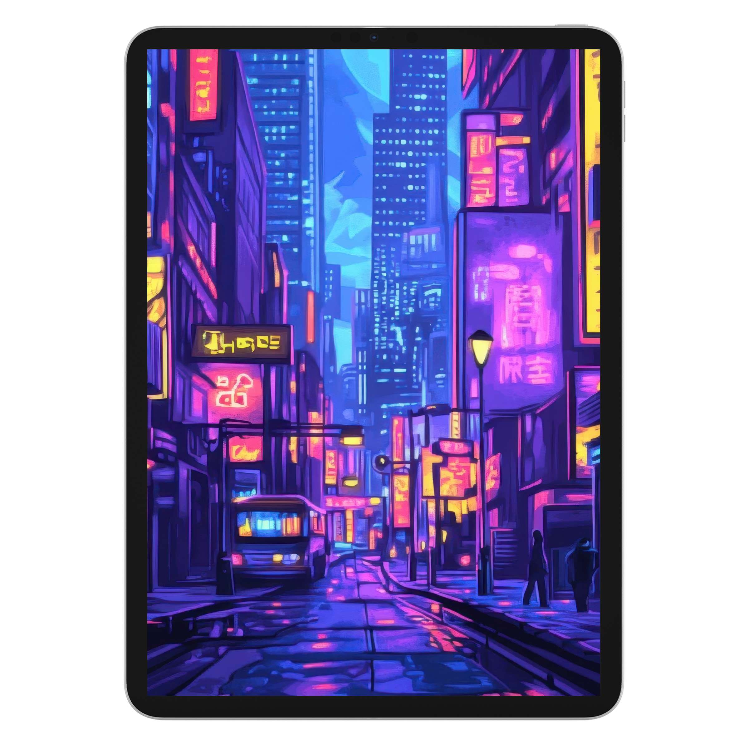 Vibrant pop art iPad wallpaper featuring neon-lit urban scene, perfect digital download for tablet backgrounds and stylish decor
