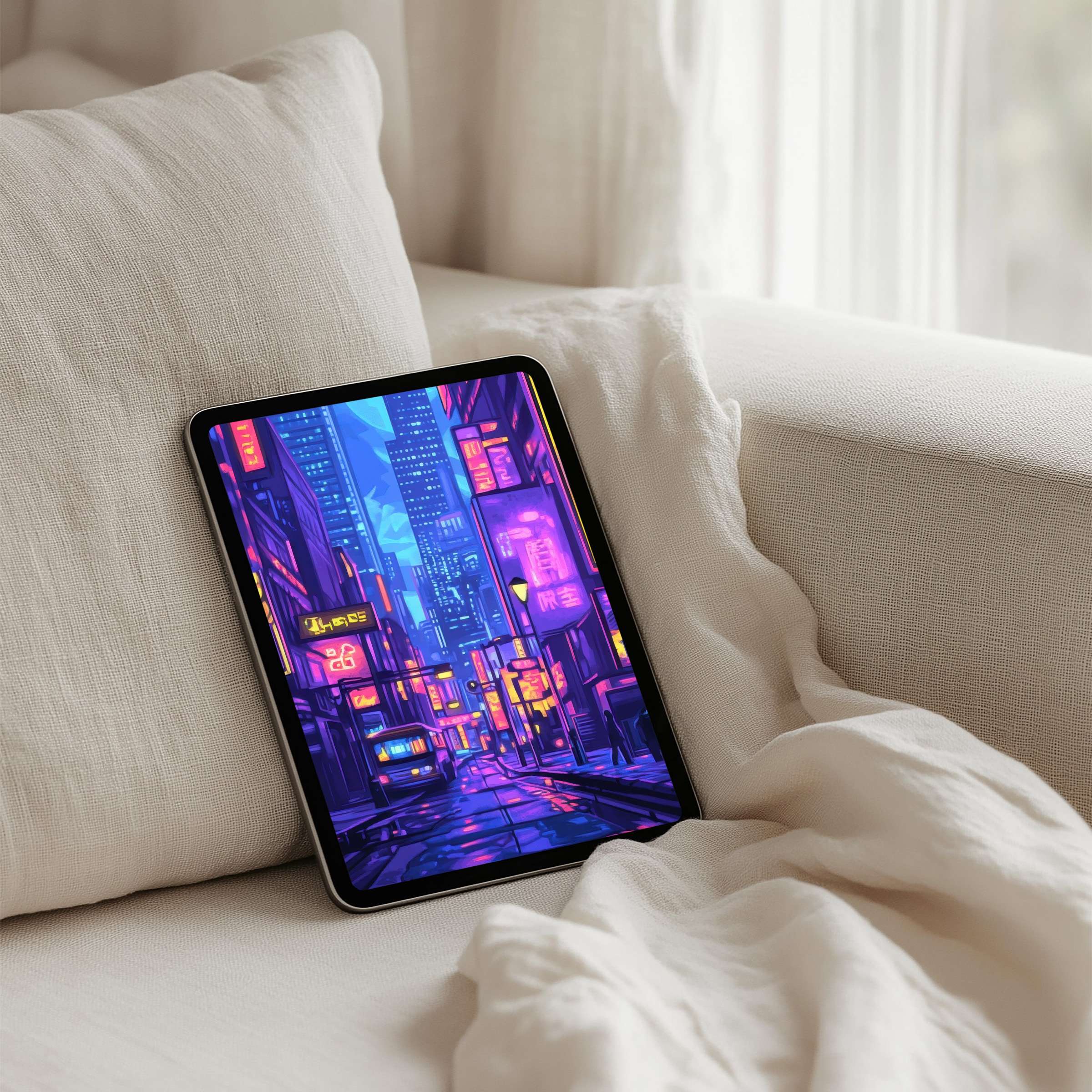 Vibrant iPad background featuring a neon cityscape for instant download designed for calm elegance on any tablet device