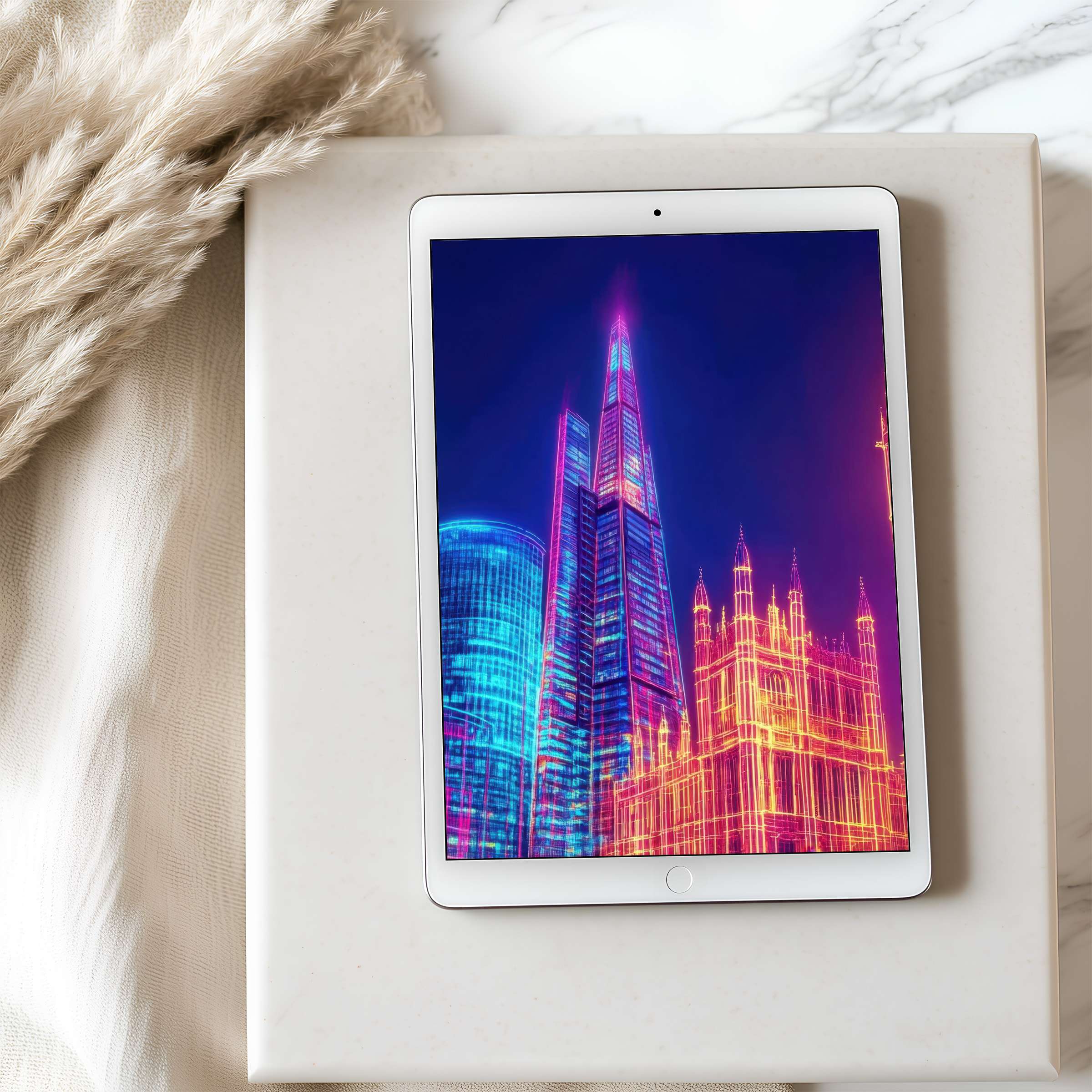 Elegant tablet wallpaper showcasing a neon cityscape, ideal for iPad or Android tablets, offering a high-resolution digital download