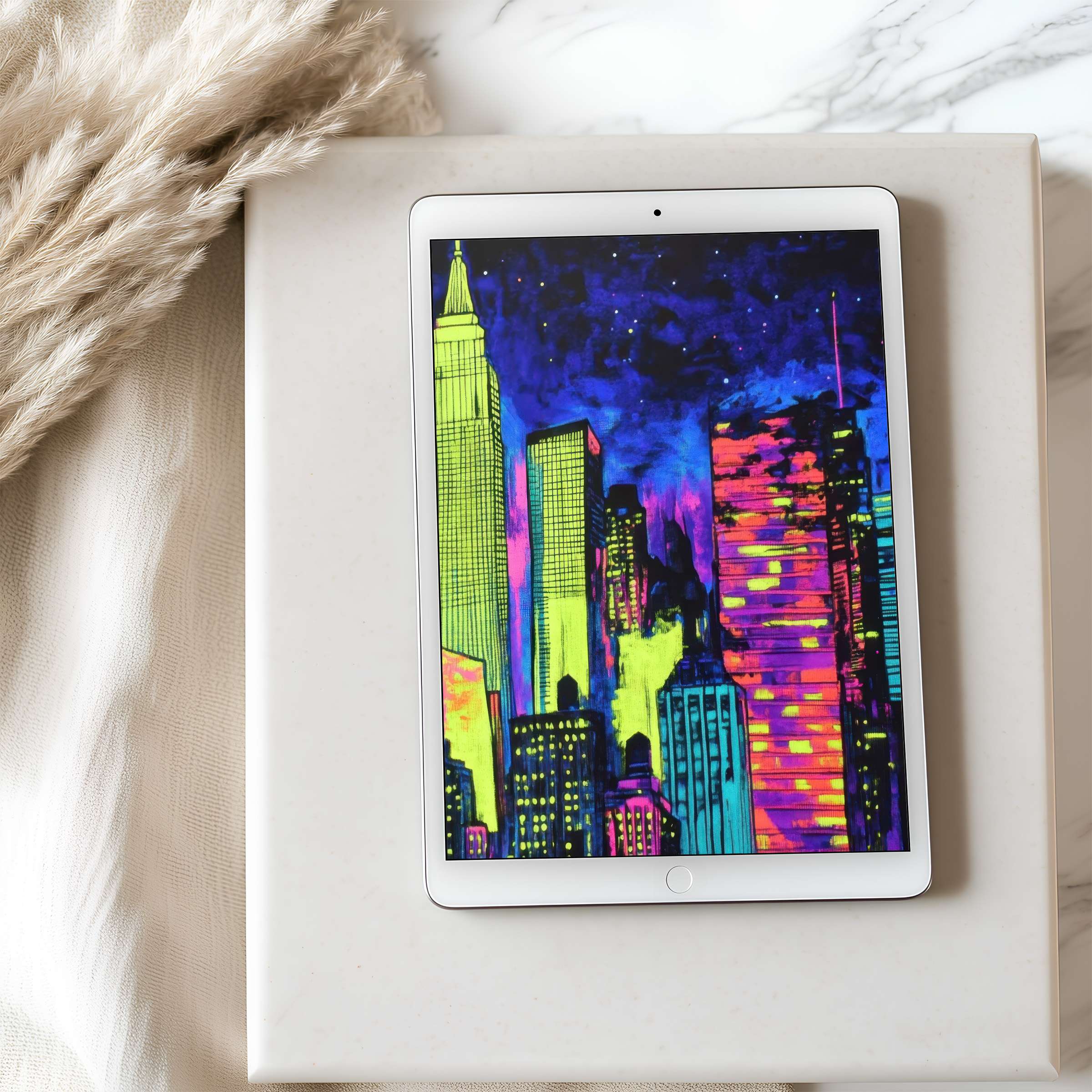 Vibrant cityscape tablet wallpaper in neon hues, ideal for a high resolution iPad, infusing modern space with creativity and calmness