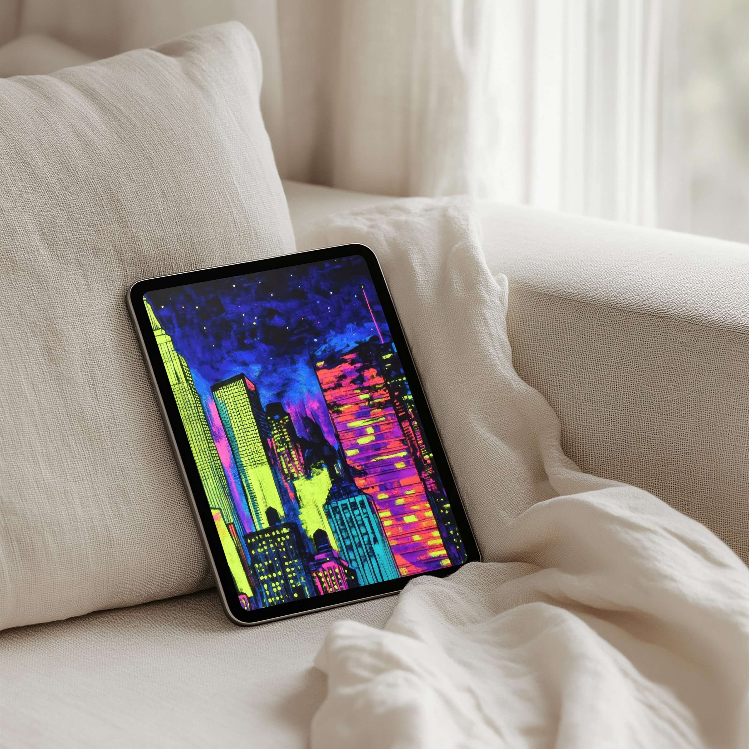 Colorful urban skyline on iPad background evokes modern elegance and calm, perfect for instant download on any tablet device