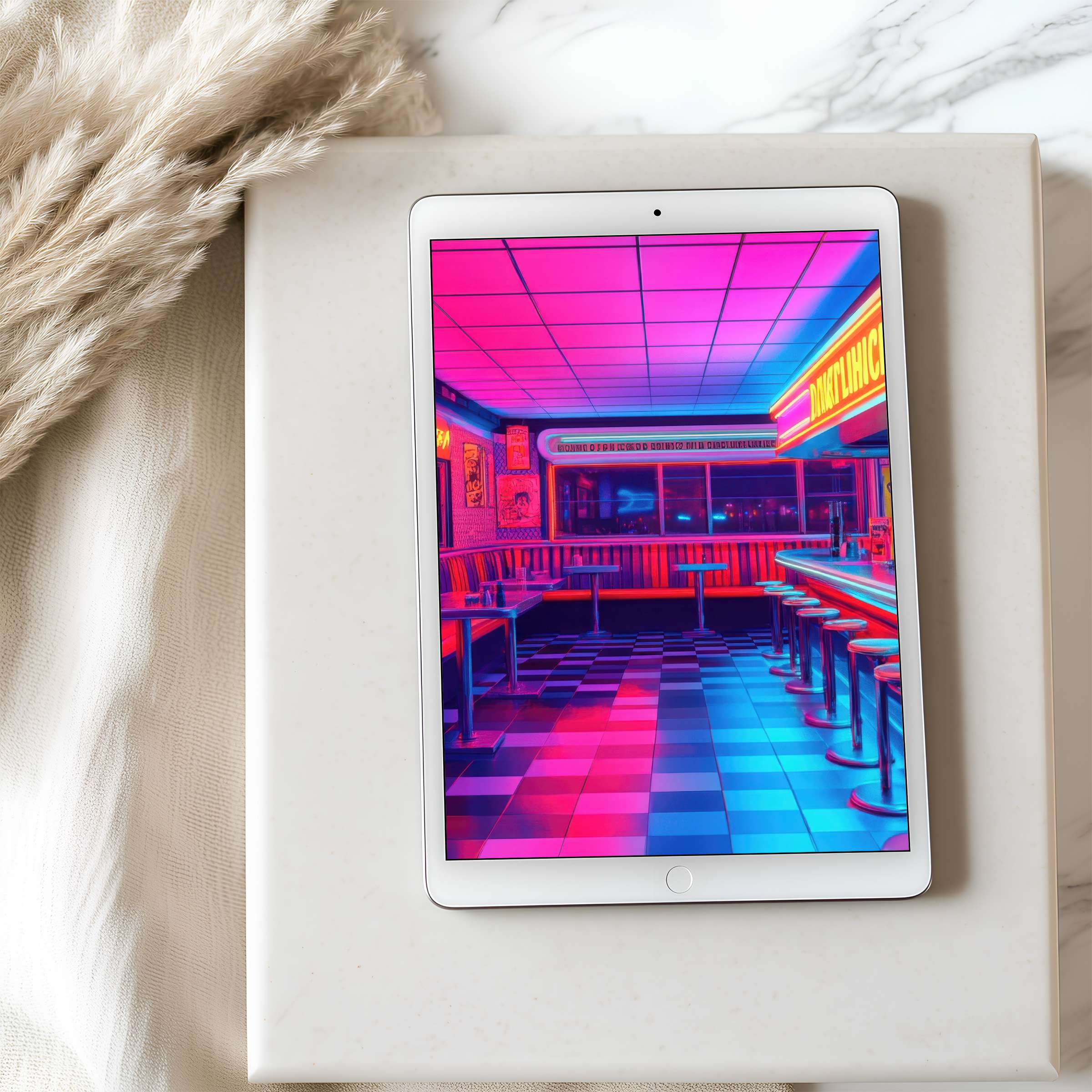 Vibrant neon diner tablet wallpaper offering high resolution aesthetics for iPad and Android, perfect for digital download and tranquility