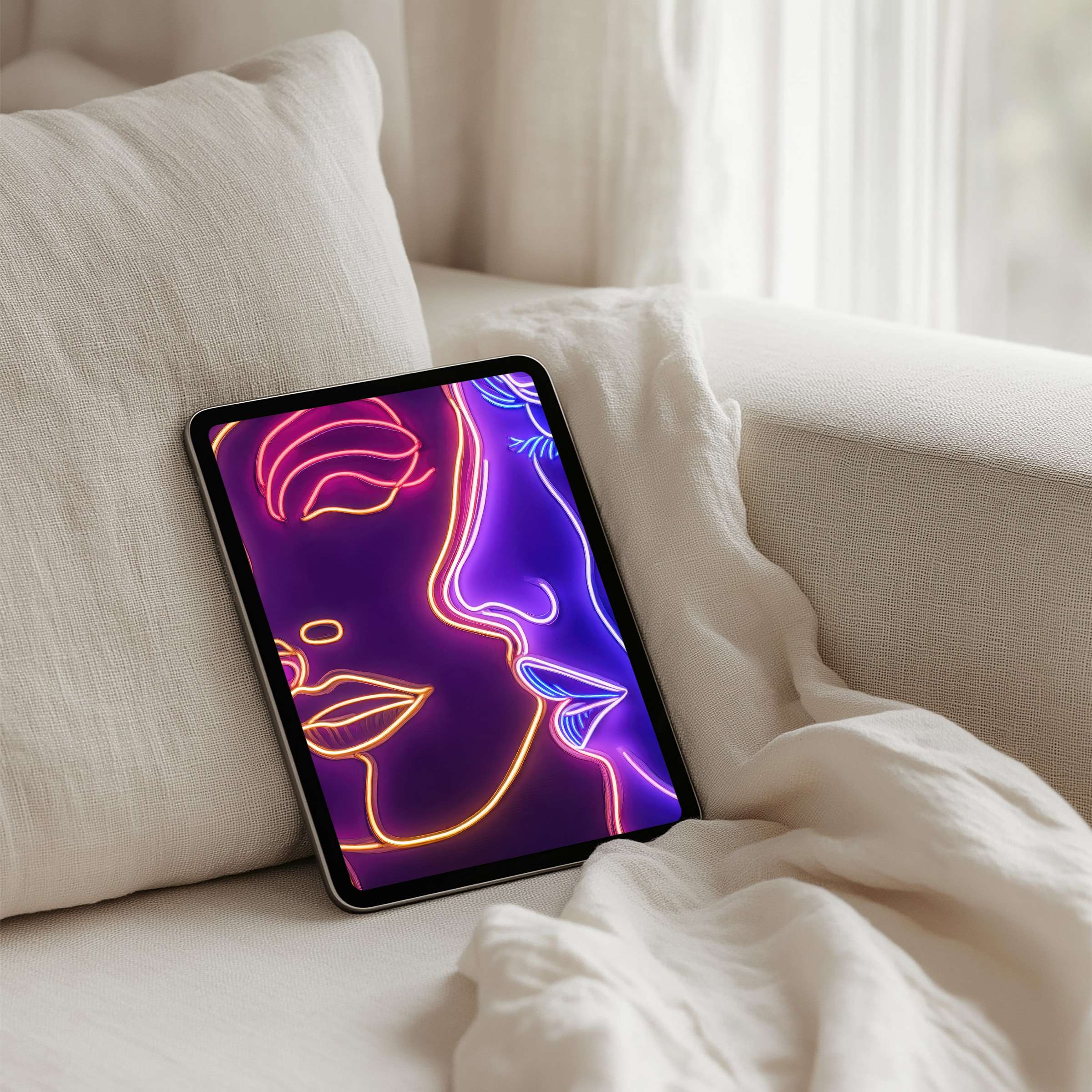Elegant neon line art creates a calming iPad background for instant download, enhancing your tablet's inspiration and mindfulness