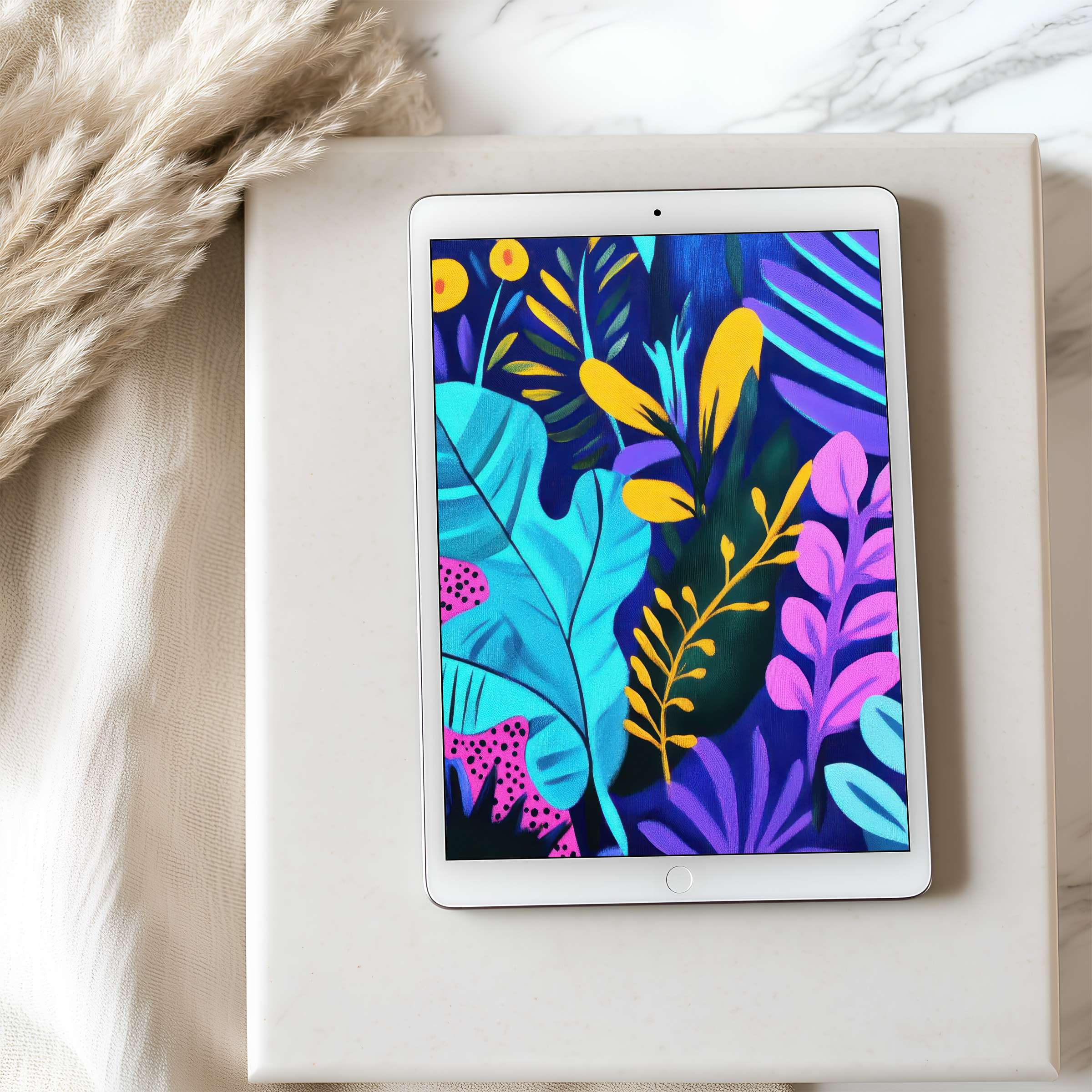 Vibrant abstract leaf design tablet wallpaper for iPad and Android tablets, high resolution for a serene, curated ambiance download