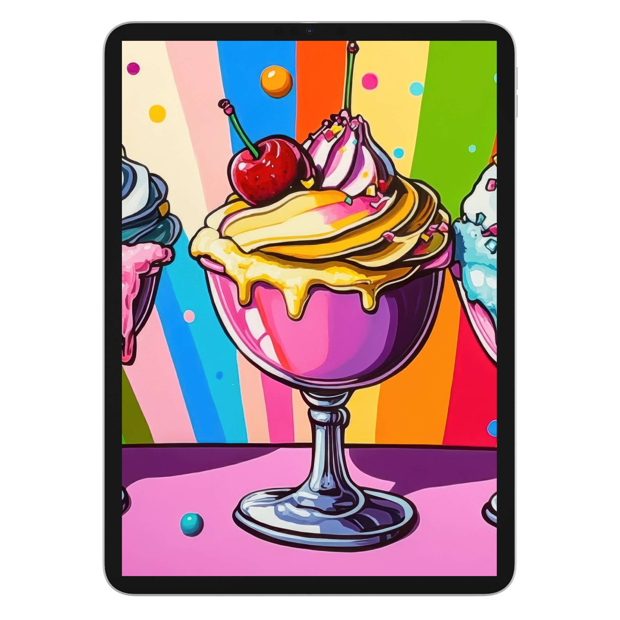 Elegant pop art iPad wallpaper featuring vibrant ice cream sundaes against a colorful striped background for digital download on tablets