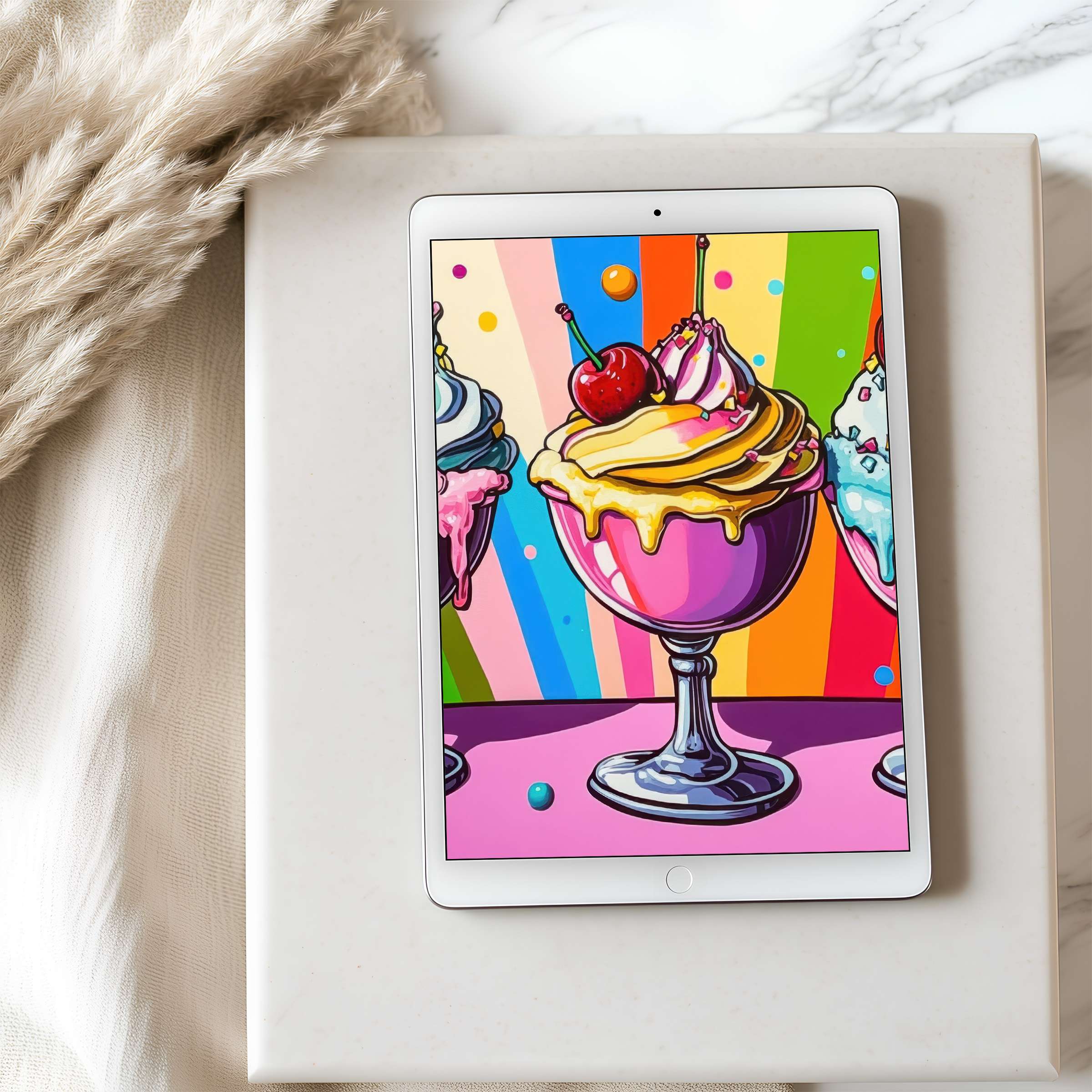 High-resolution tablet wallpaper of vibrant ice cream art, perfect for iPad and Android, enhancing elegant, eco-friendly interiors