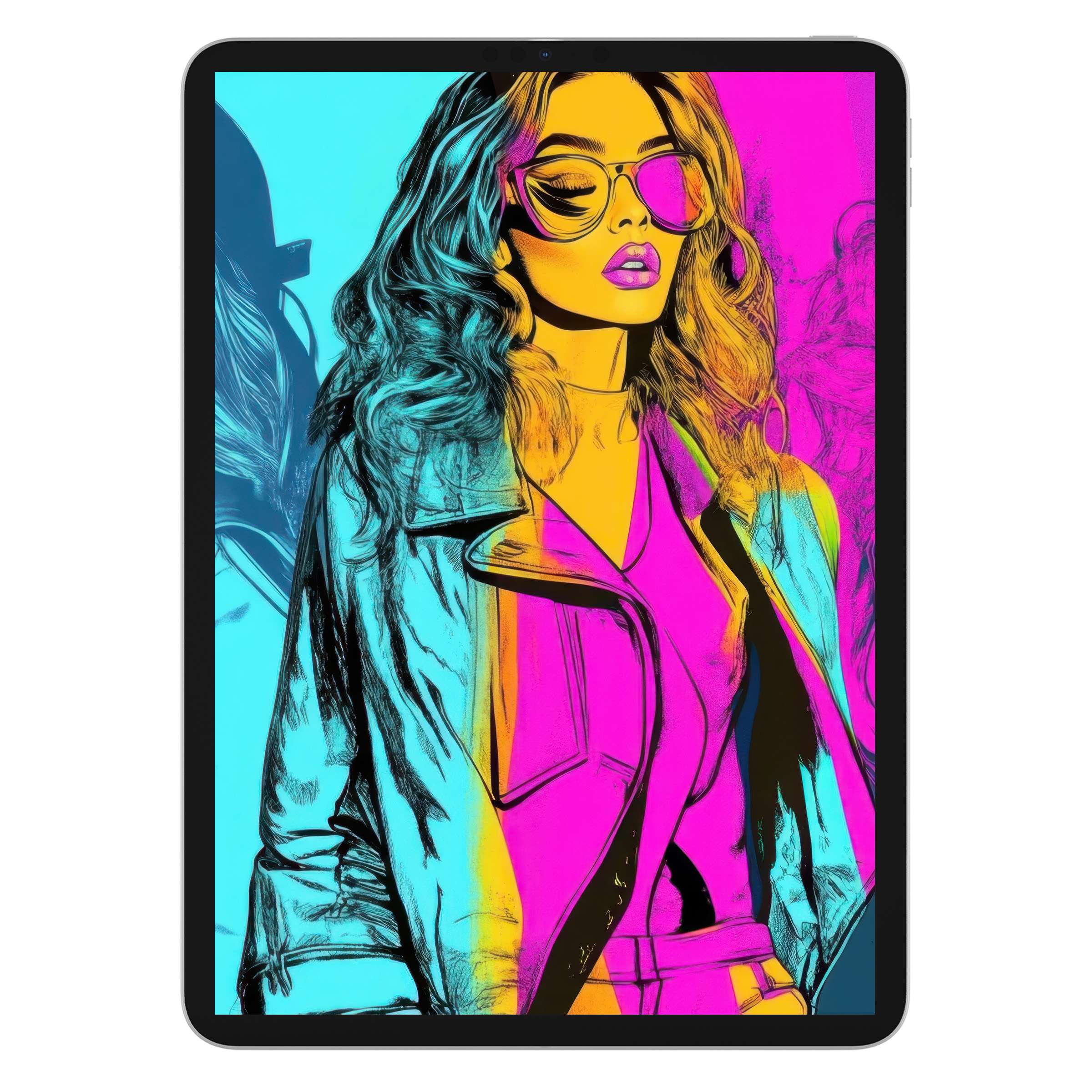 Colorful pop art iPad wallpaper featuring a stylish woman in vivid hues, perfect tablet background for digital download and artistic flair