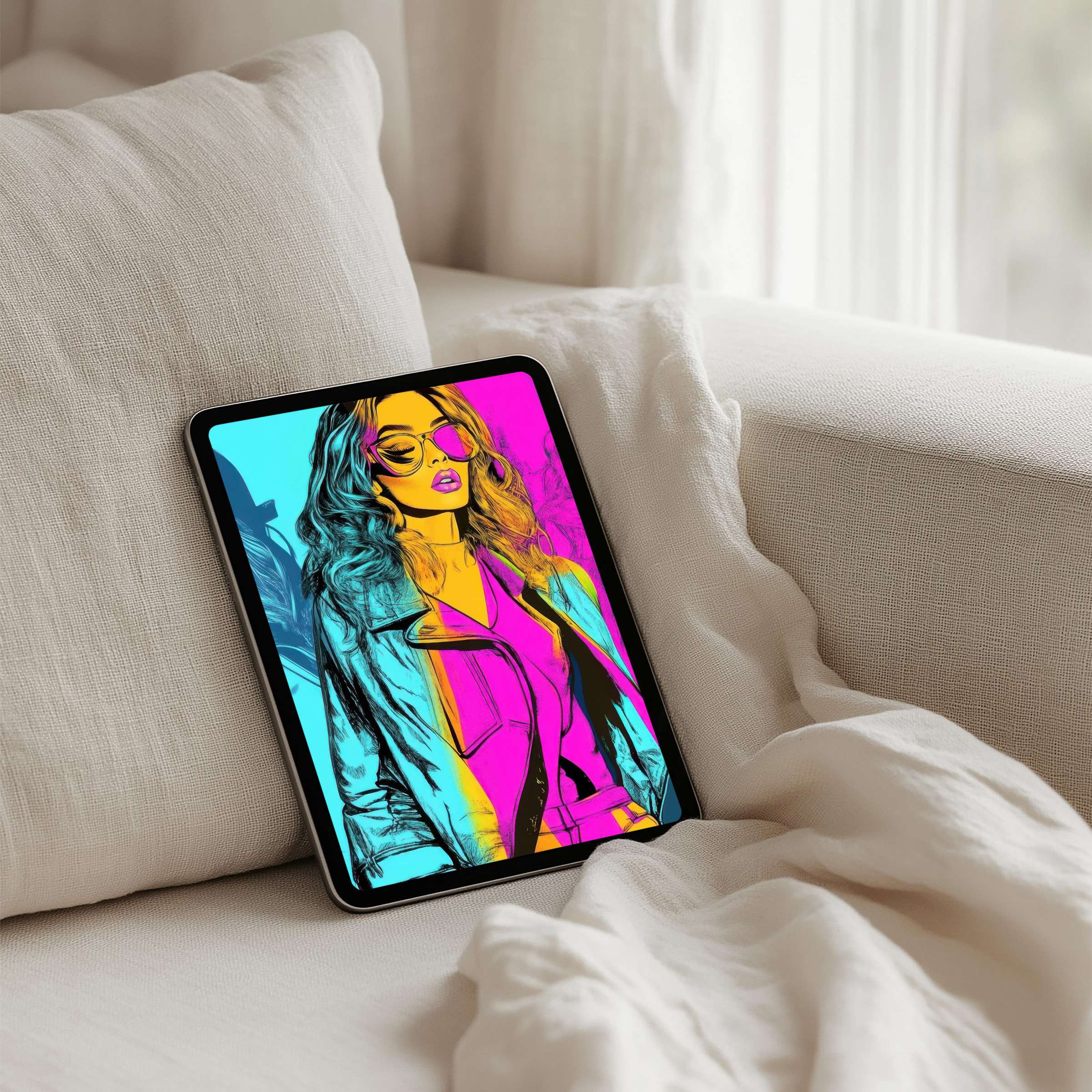 Vibrant pop art iPad background on a tablet brings inspiration with instant download, adding calm elegance to your space