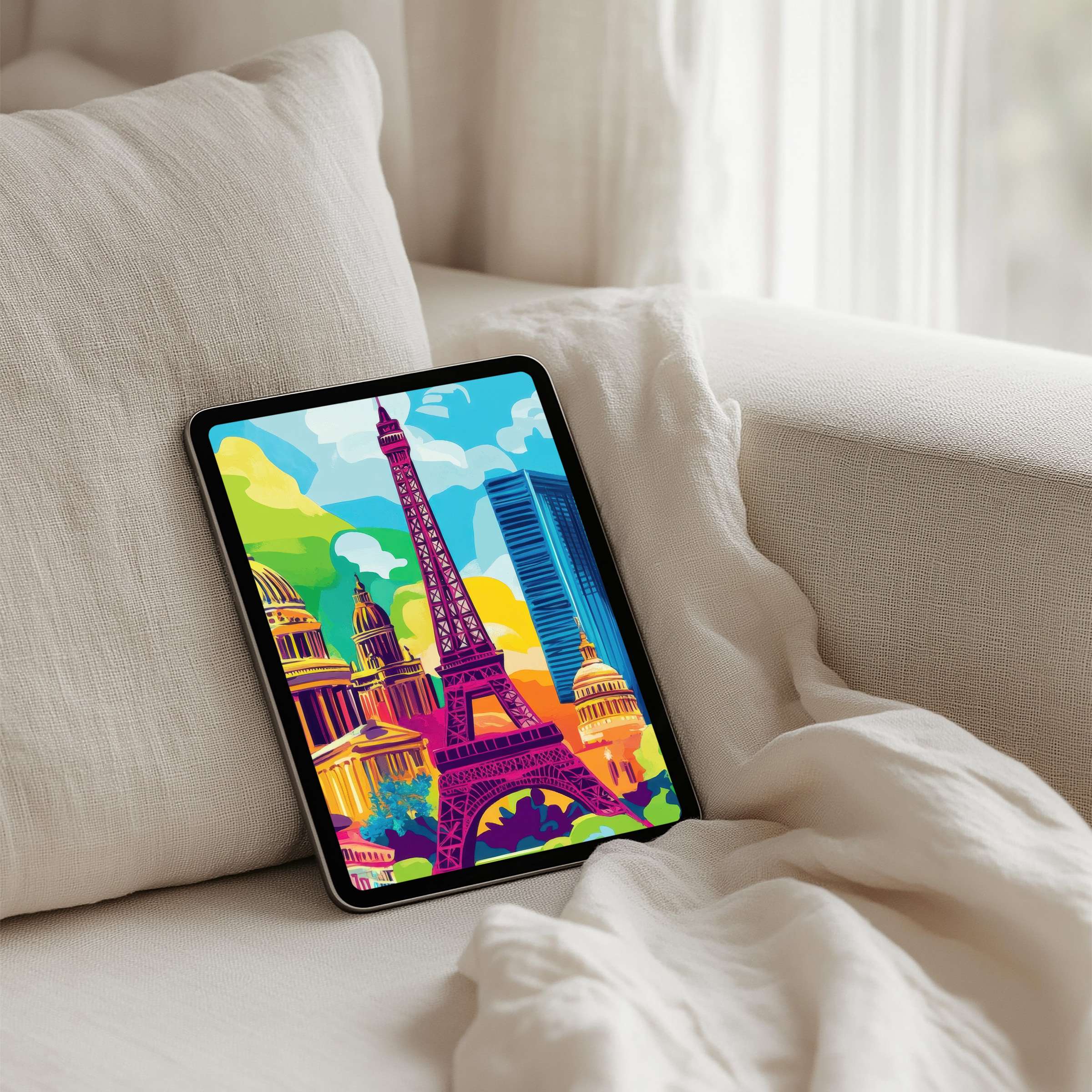 Vibrant Parisian art iPad background elevates elegance, offering instant download for mindfulness on any Samsung or Android tablet