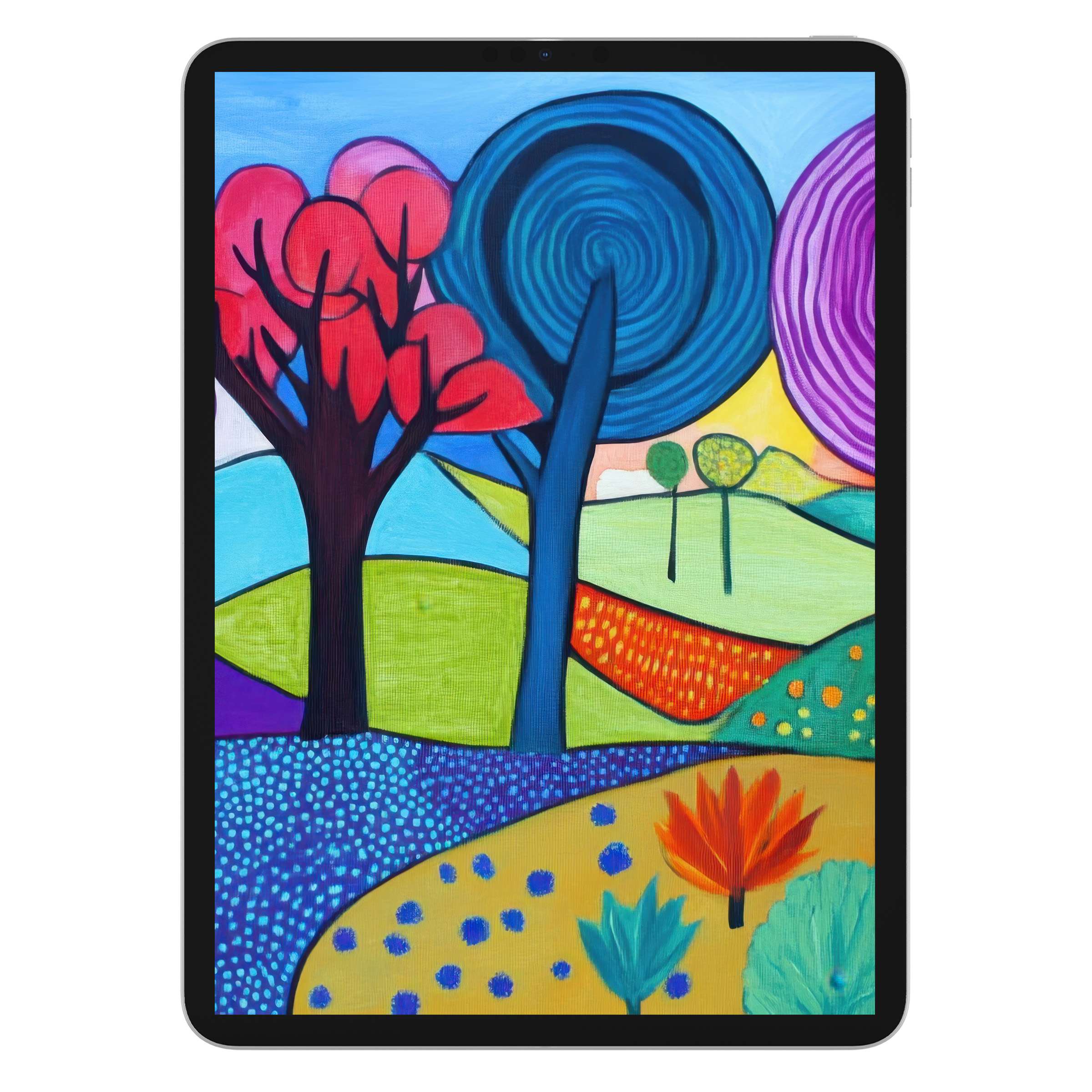 Vibrant pop art iPad wallpaper featuring abstract trees, bold colors, and serene landscape for tablet background digital download