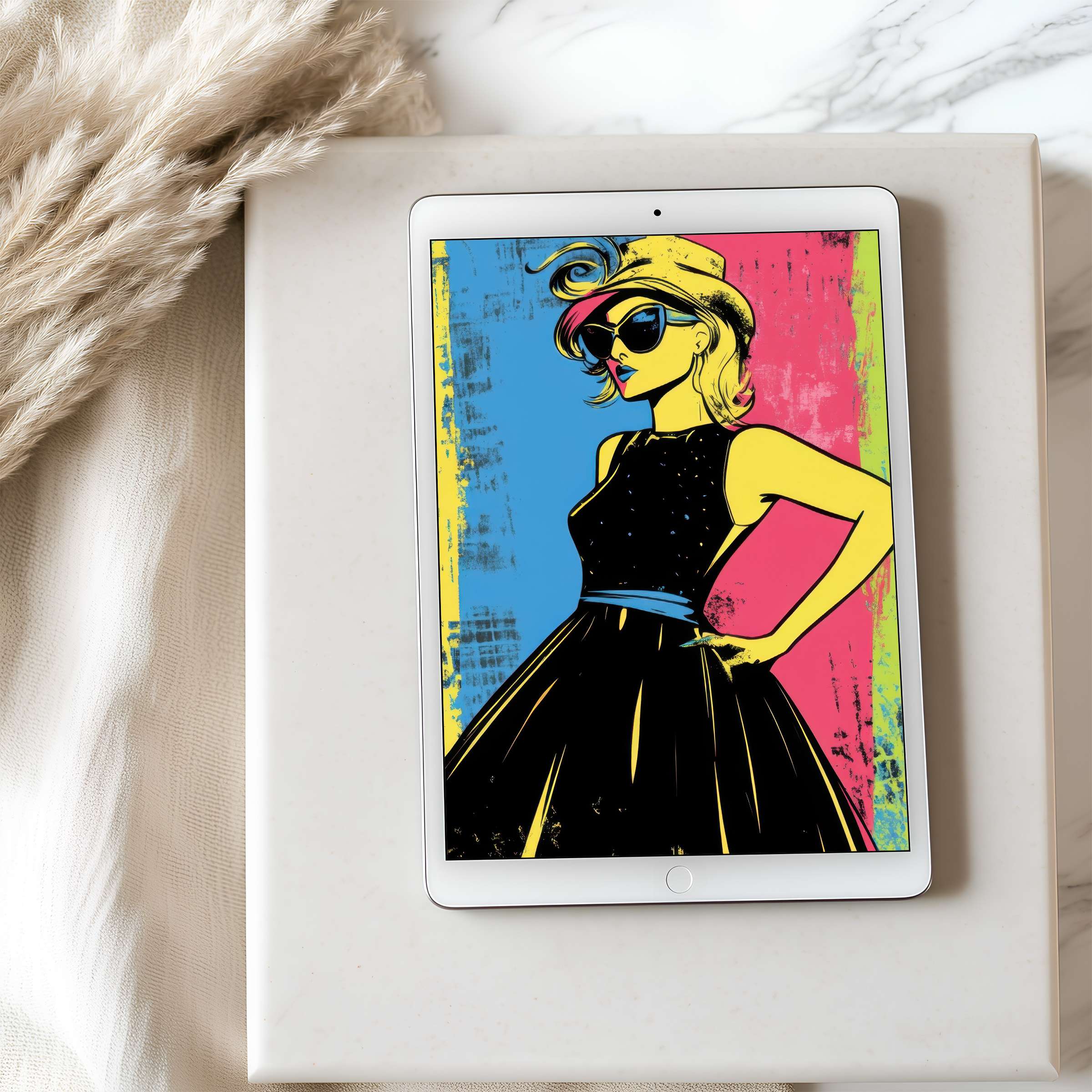 Vibrant pop art woman in elegant dress graces tablet wallpaper on iPad, offering a chic digital download for modern interiors