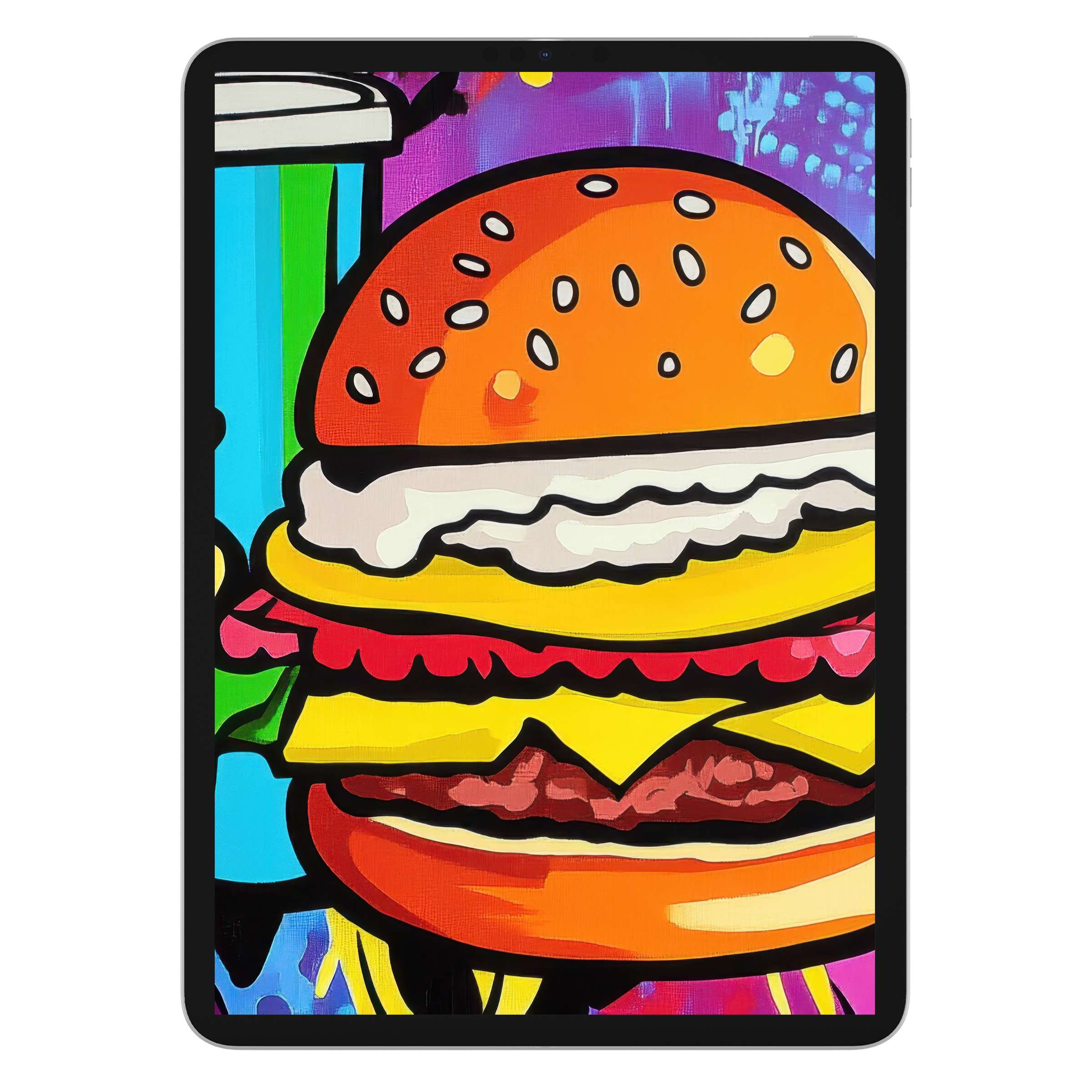 Vibrant burger pop art iPad wallpaper with rich colors and textures, perfect digital download for tablet backgrounds and Android devices