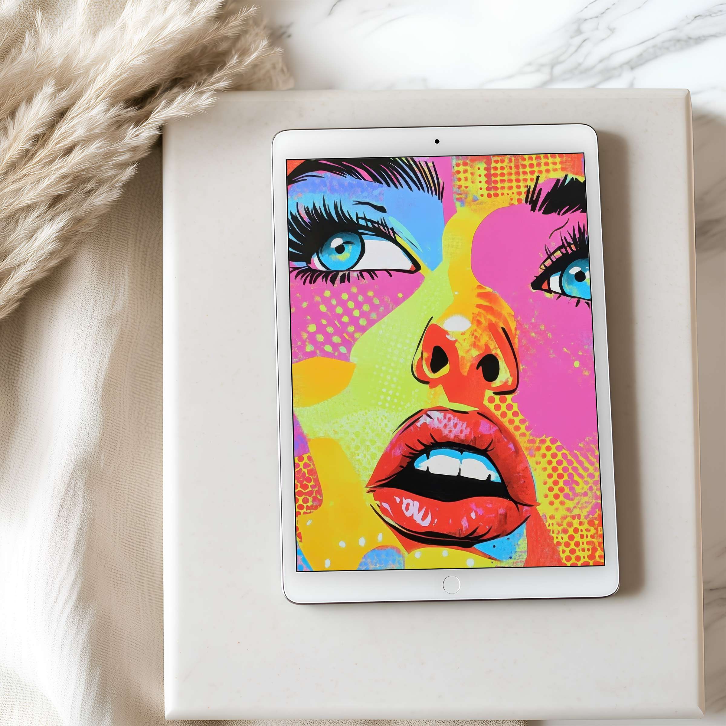 Vibrant pop art face on tablet wallpaper offers an inspiring high-resolution digital download, perfect for iPad or Android tablets