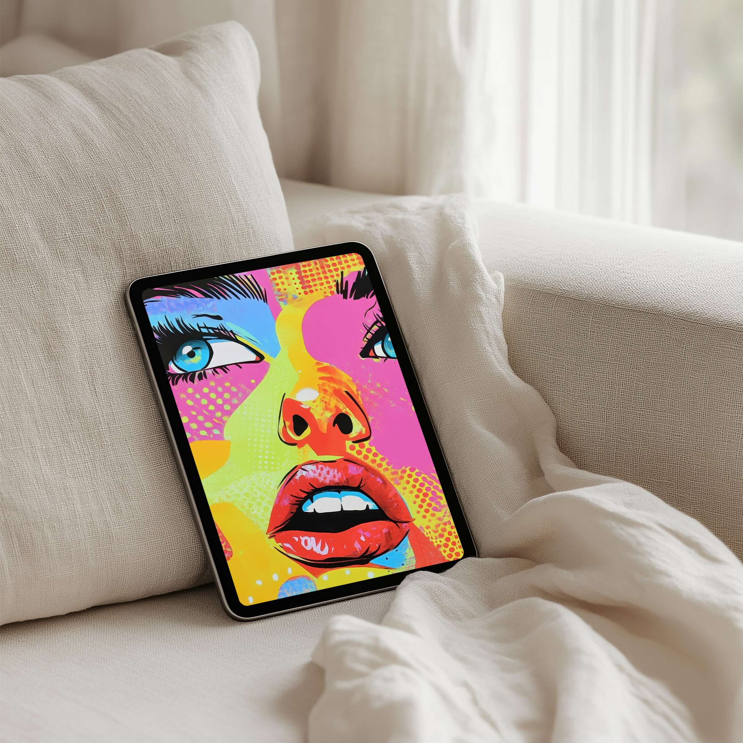 Vibrant pop art portrait in neon colors enhances your iPad background with instant download for any tablet, inspiring calm elegance