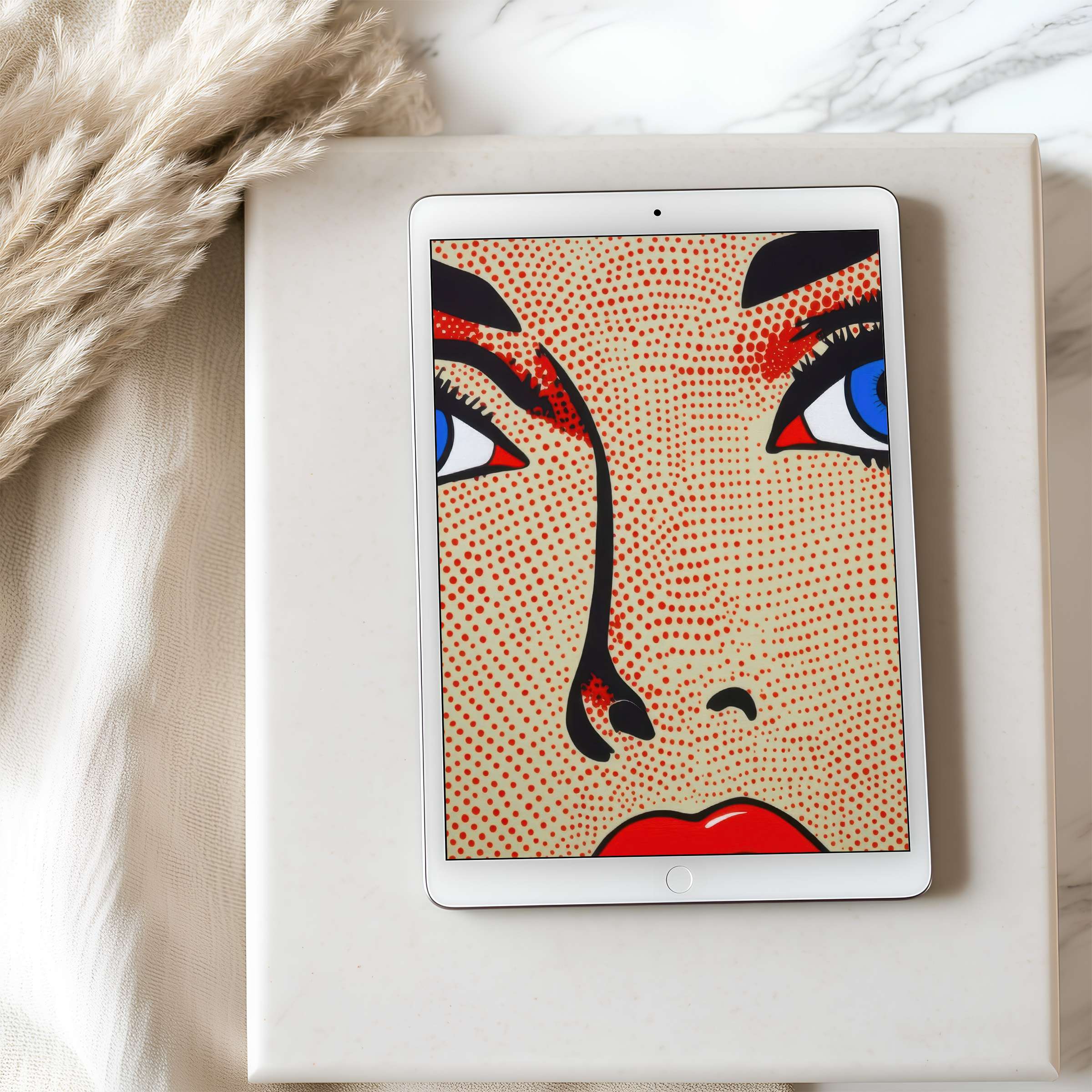 Elegant tablet wallpaper showcasing vibrant pop art portrait in high resolution, perfect for iPad and Android tablets, digital download