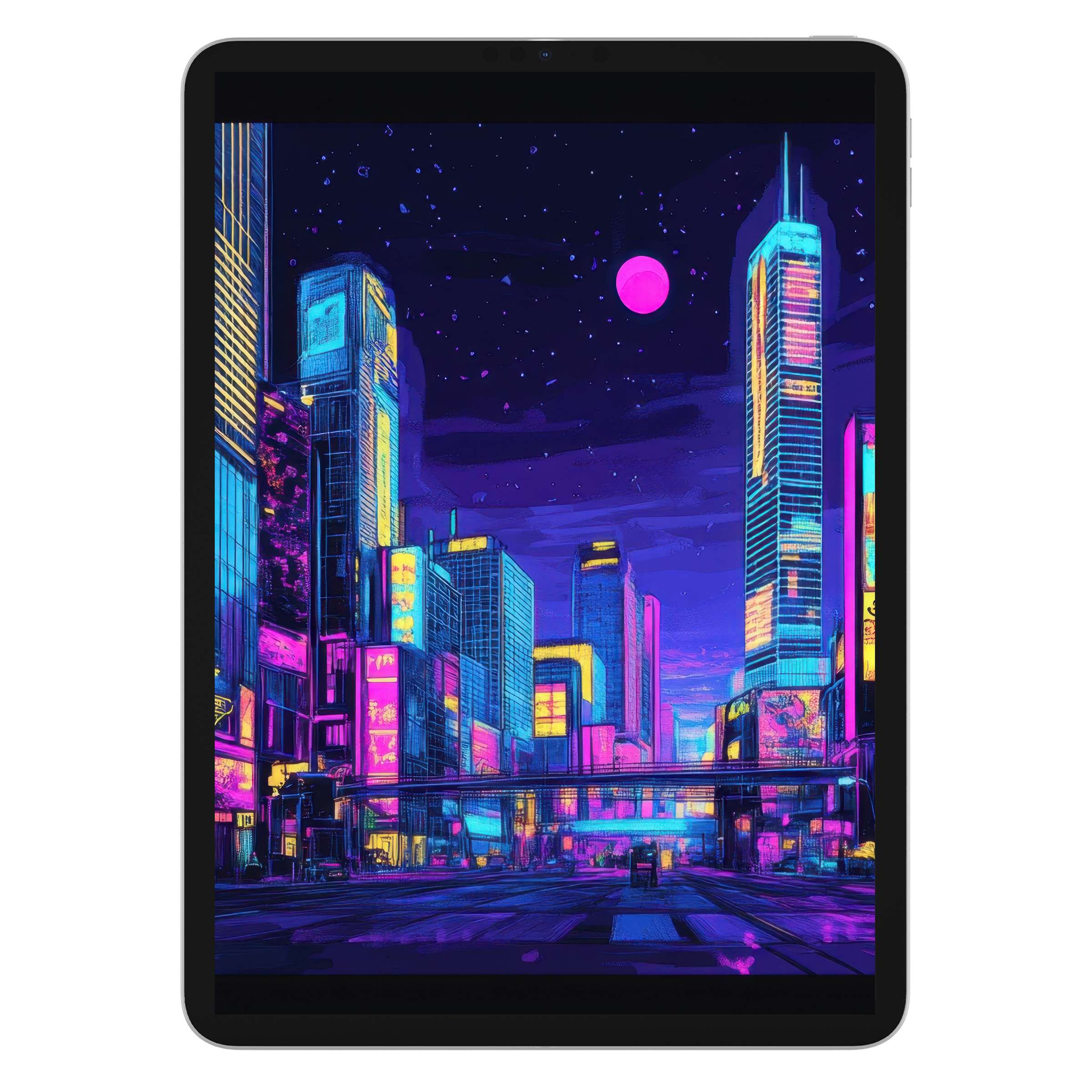 Vibrant pop art iPad wallpaper featuring a futuristic cityscape in neon hues offering a calming digital download for tablet backgrounds