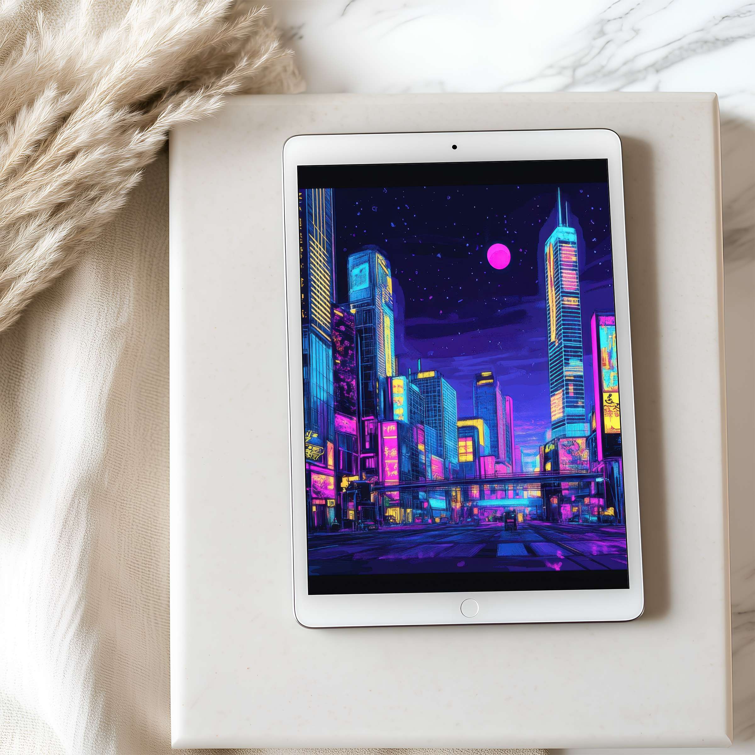 Vibrant urban skyline tablet wallpaper in neon blue and pinks offers high resolution calm for iPads and Android, digital download