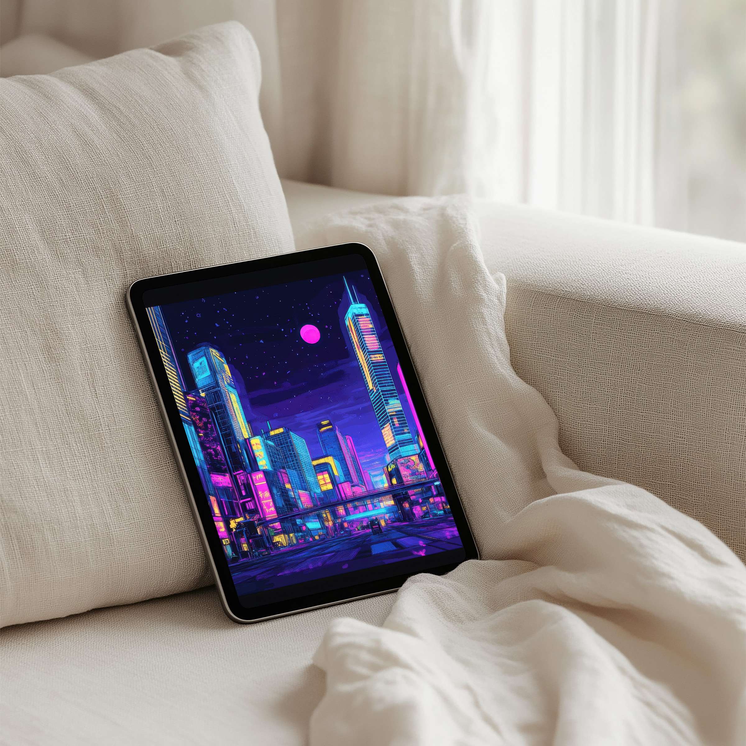 Elegant iPad background with neon cityscape elevates tablet ambiance offering instant download for calm and mindful inspiration