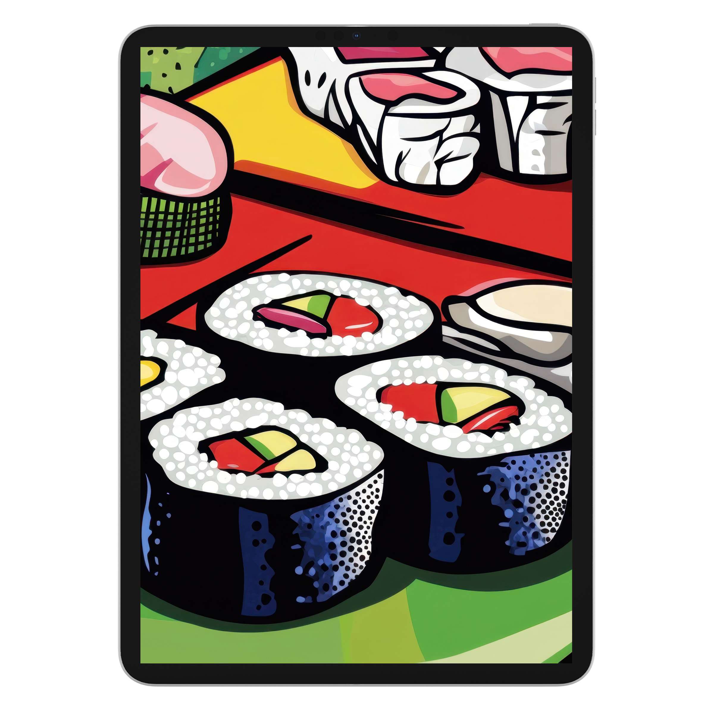 Vibrant pop art iPad wallpaper featuring colorful sushi rolls, ideal digital download for tablet backgrounds, offering a lively, artistic touch
