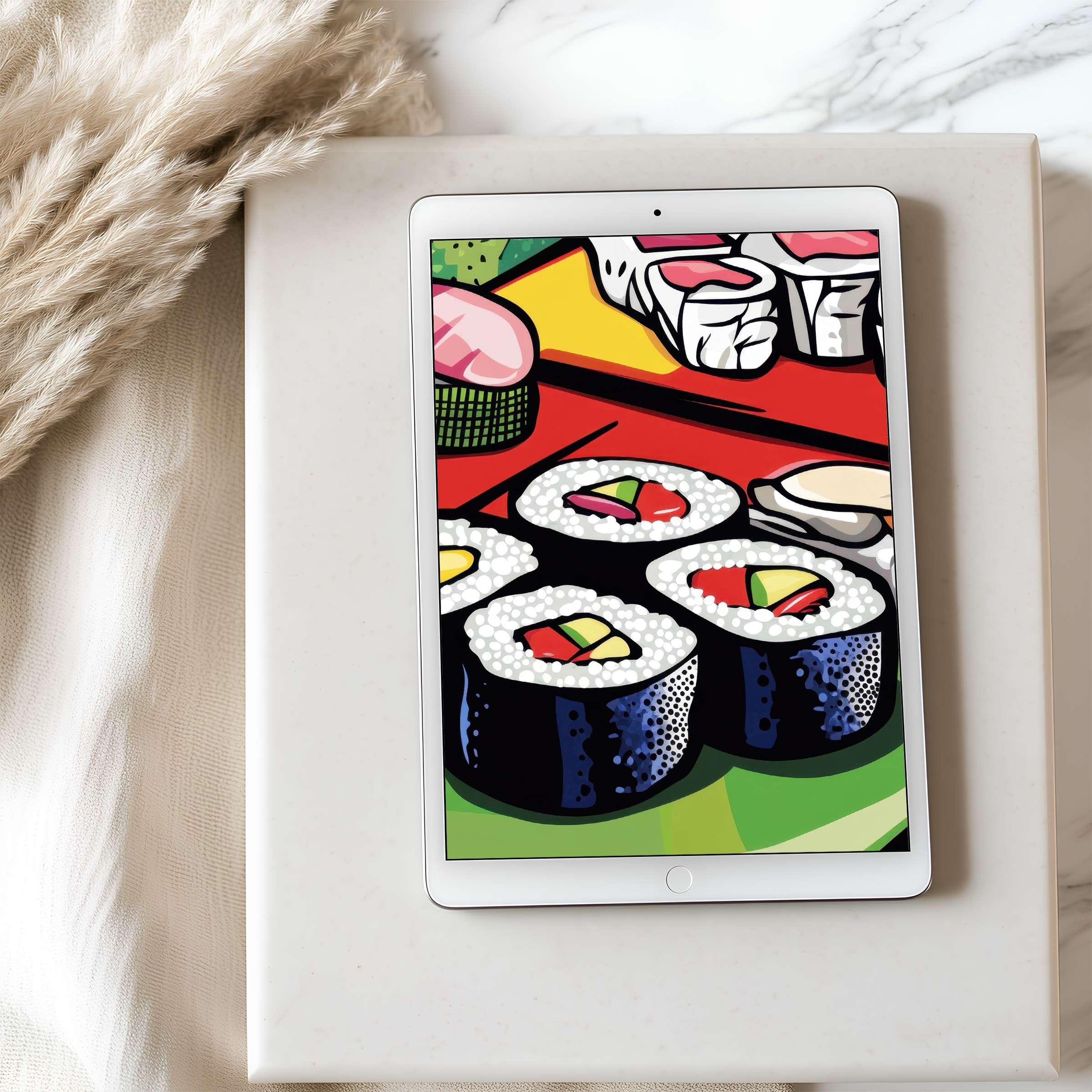 Vibrant sushi art tablet wallpaper for iPad offers a high resolution, inspiring a serene ambiance in elegant digital form