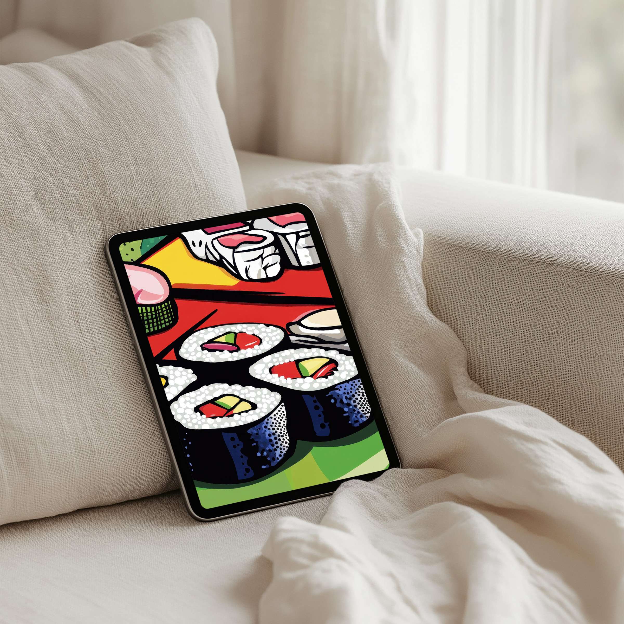 Vibrant sushi art iPad background in a cozy setting offers calm and inspiration, perfect for tablet use with instant download