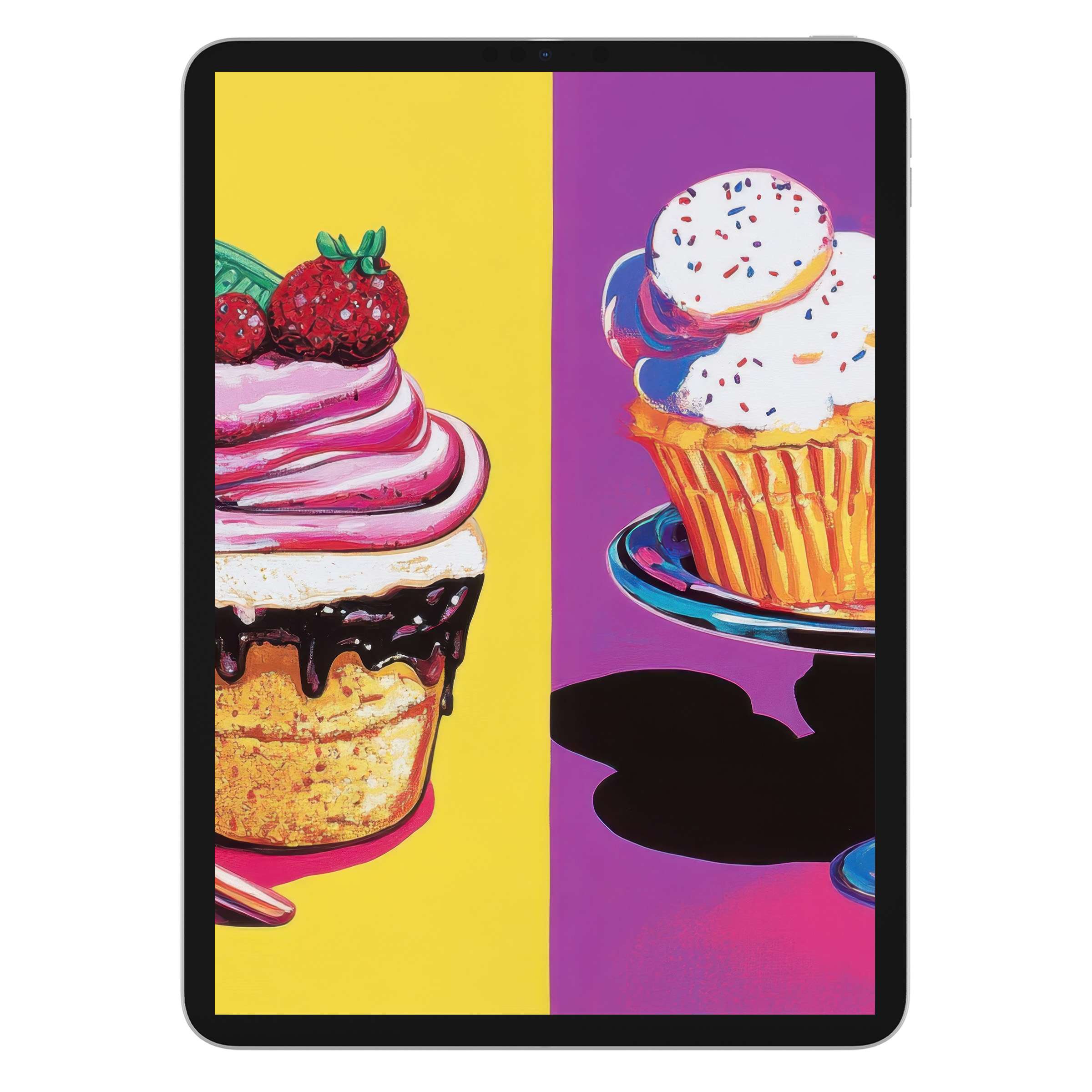 Vibrant pop art iPad wallpaper featuring colorful cupcakes on a split yellow and pink background digital download for tablet screens
