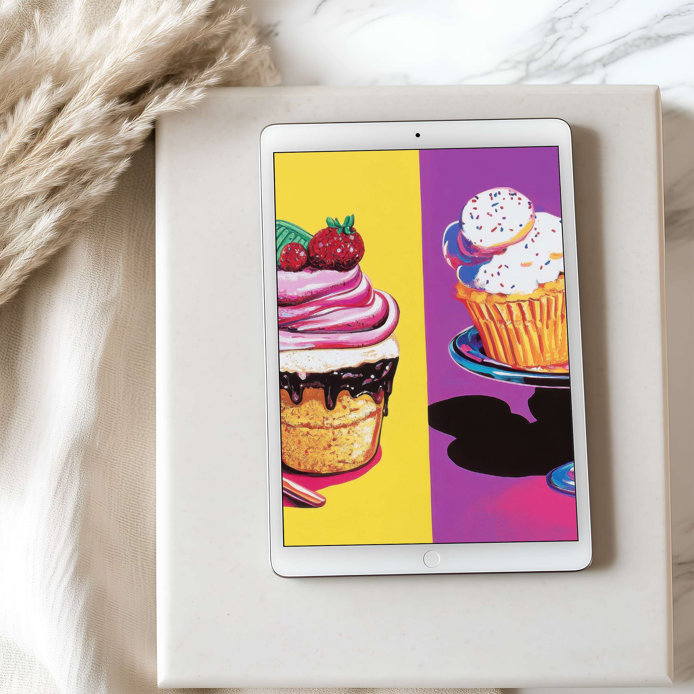 Vibrant cupcake art tablet wallpaper contrasts pop art style with elegant interior, perfect for a curated iPad and Android experience