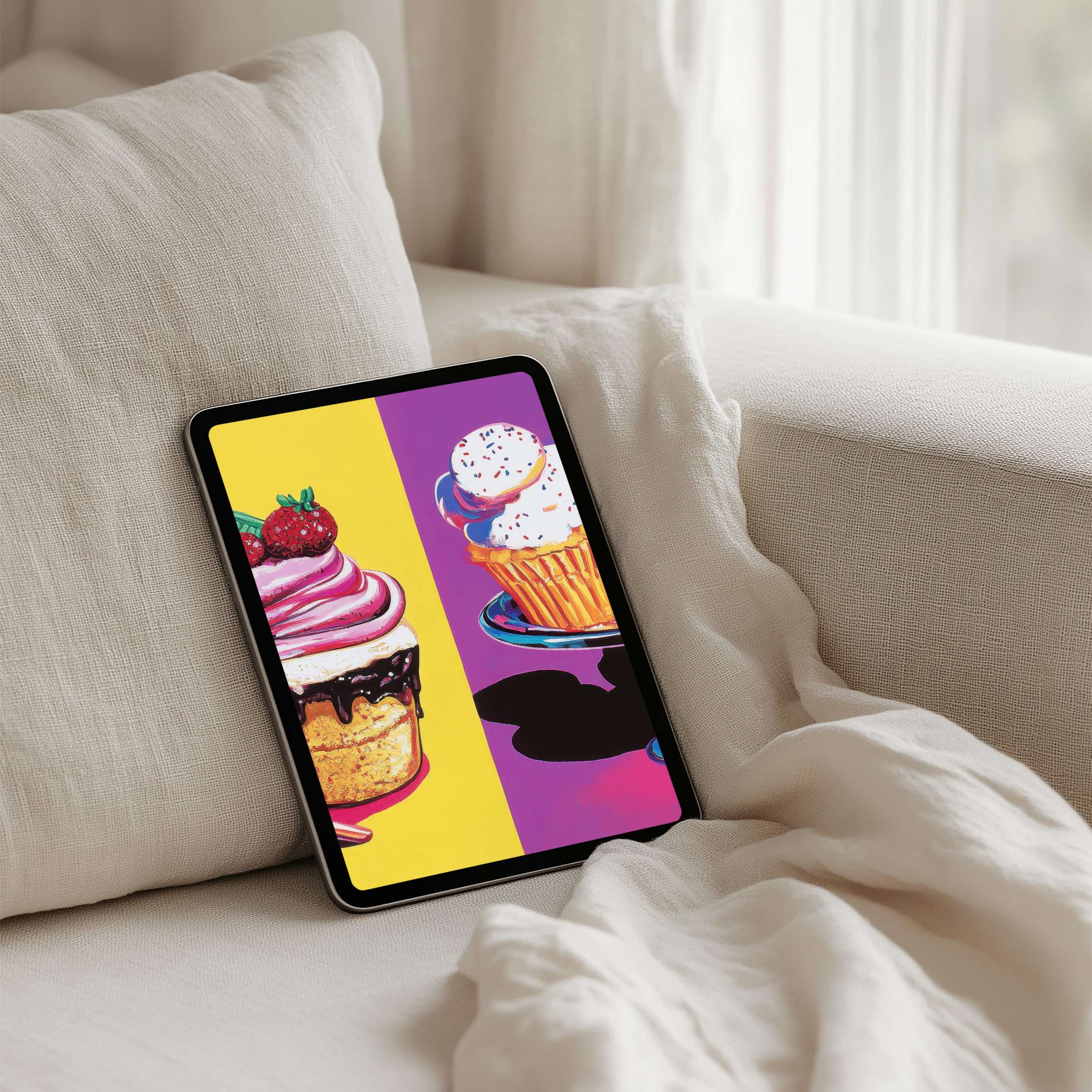 Vibrant iPad background with whimsical cupcake art offers instant download for any tablet creating calm and inspiring spaces