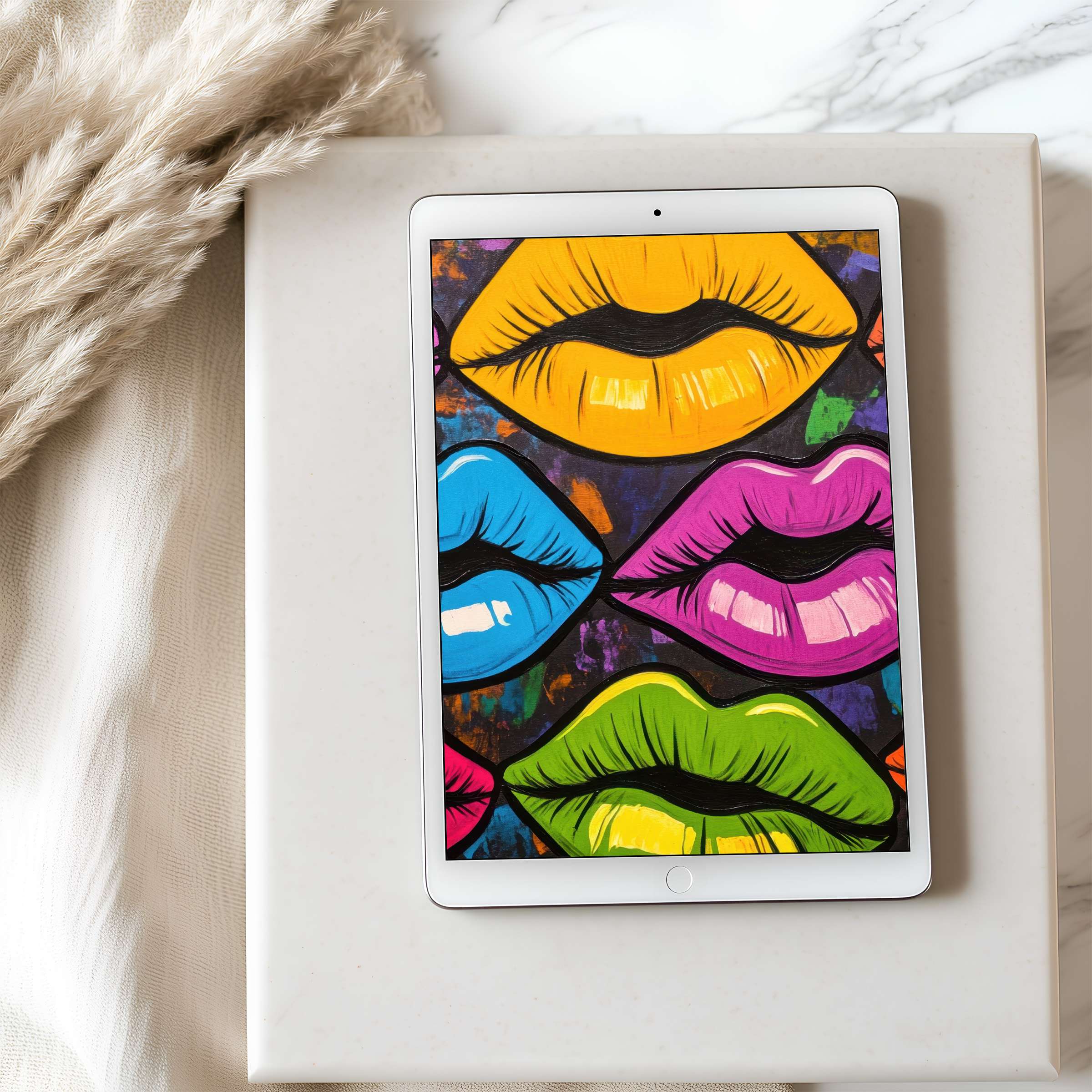 Vibrant pop art lips design as tablet wallpaper offers an elegant and colorful aesthetic suitable for high resolution digital download