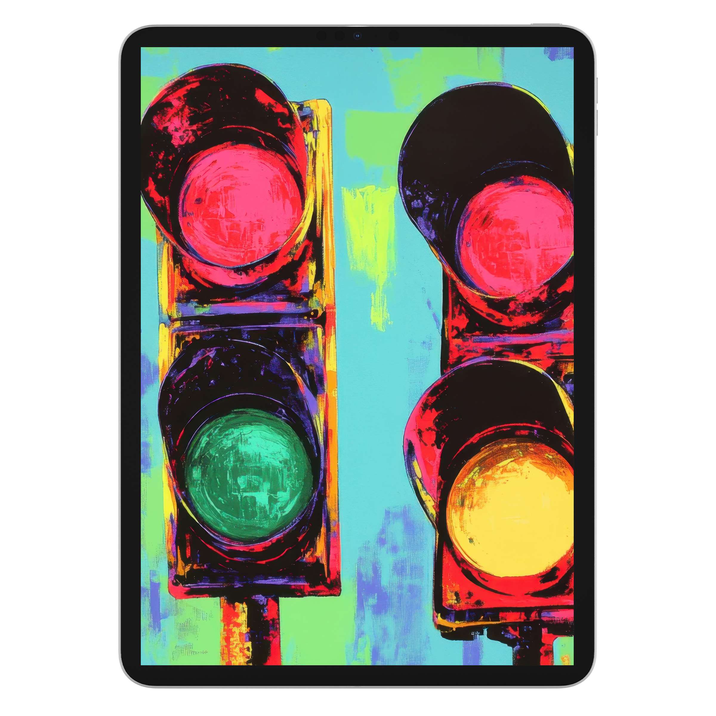 Vibrant pop art iPad wallpaper with colorful traffic lights, ideal digital download for calming tablet background aesthetics