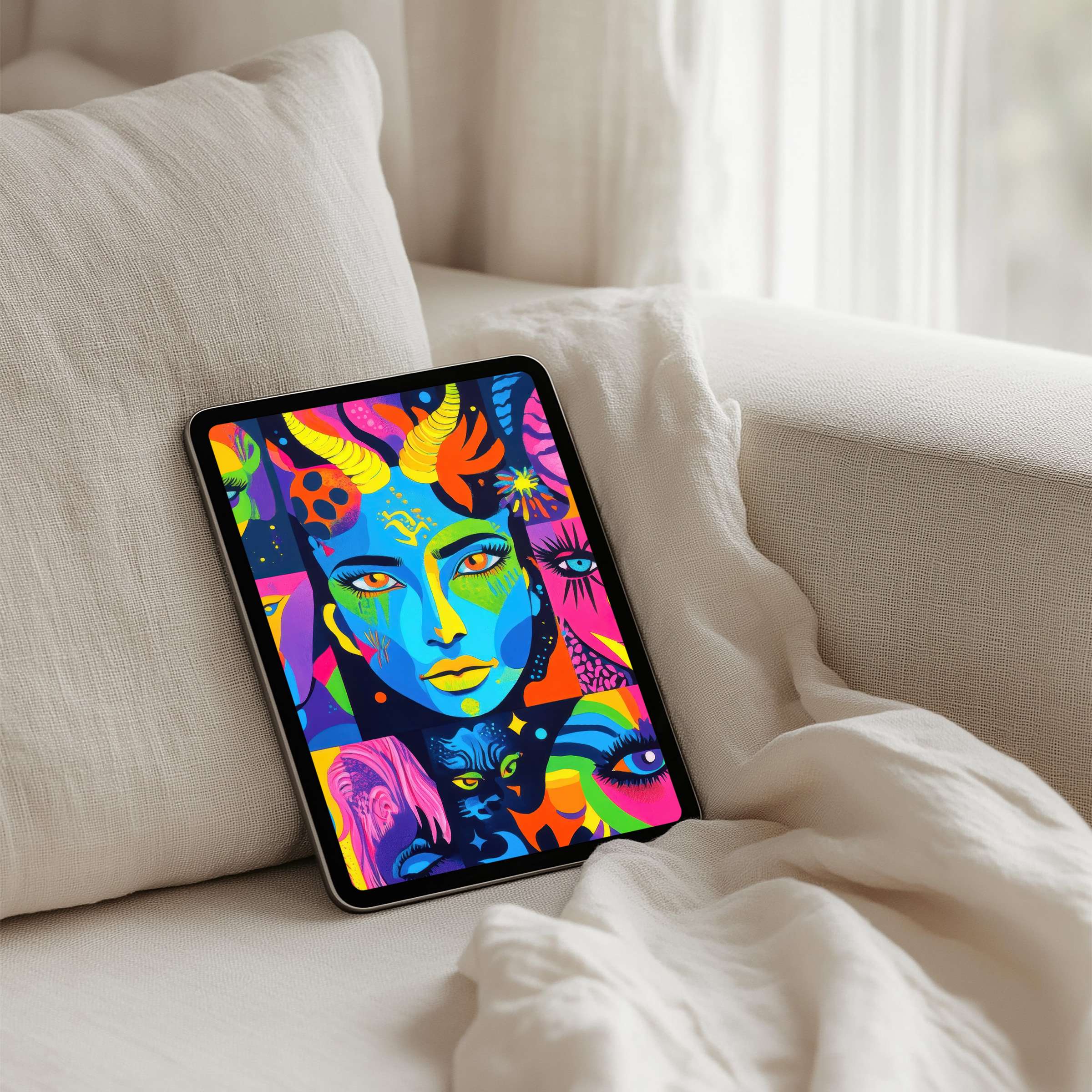 Vibrant abstract iPad background on a sofa evokes calm elegance and mindfulness perfect for tablets instant download available