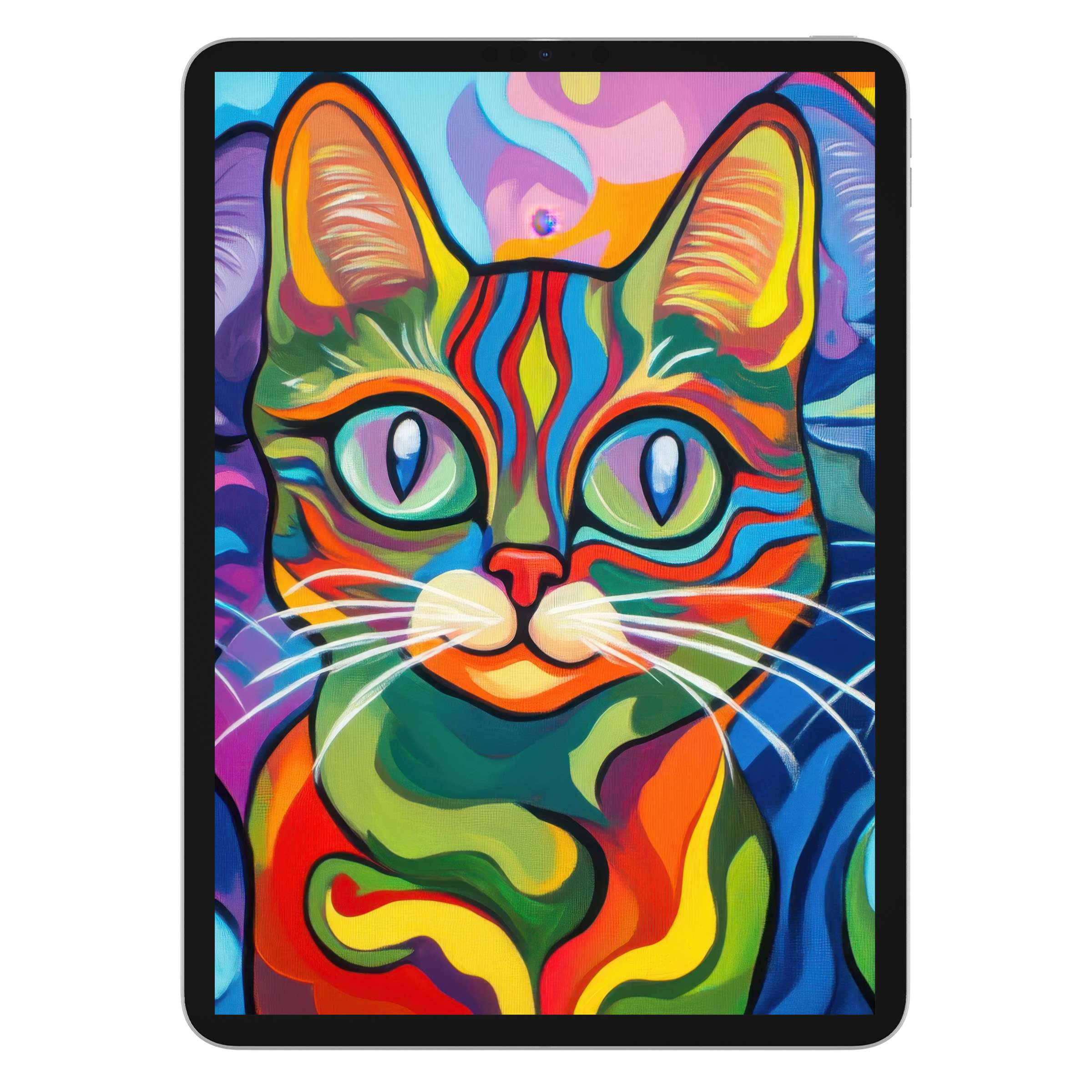 Vibrant pop art iPad wallpaper featuring a colorful cat, perfect digital download for calming, artistic tablet backgrounds