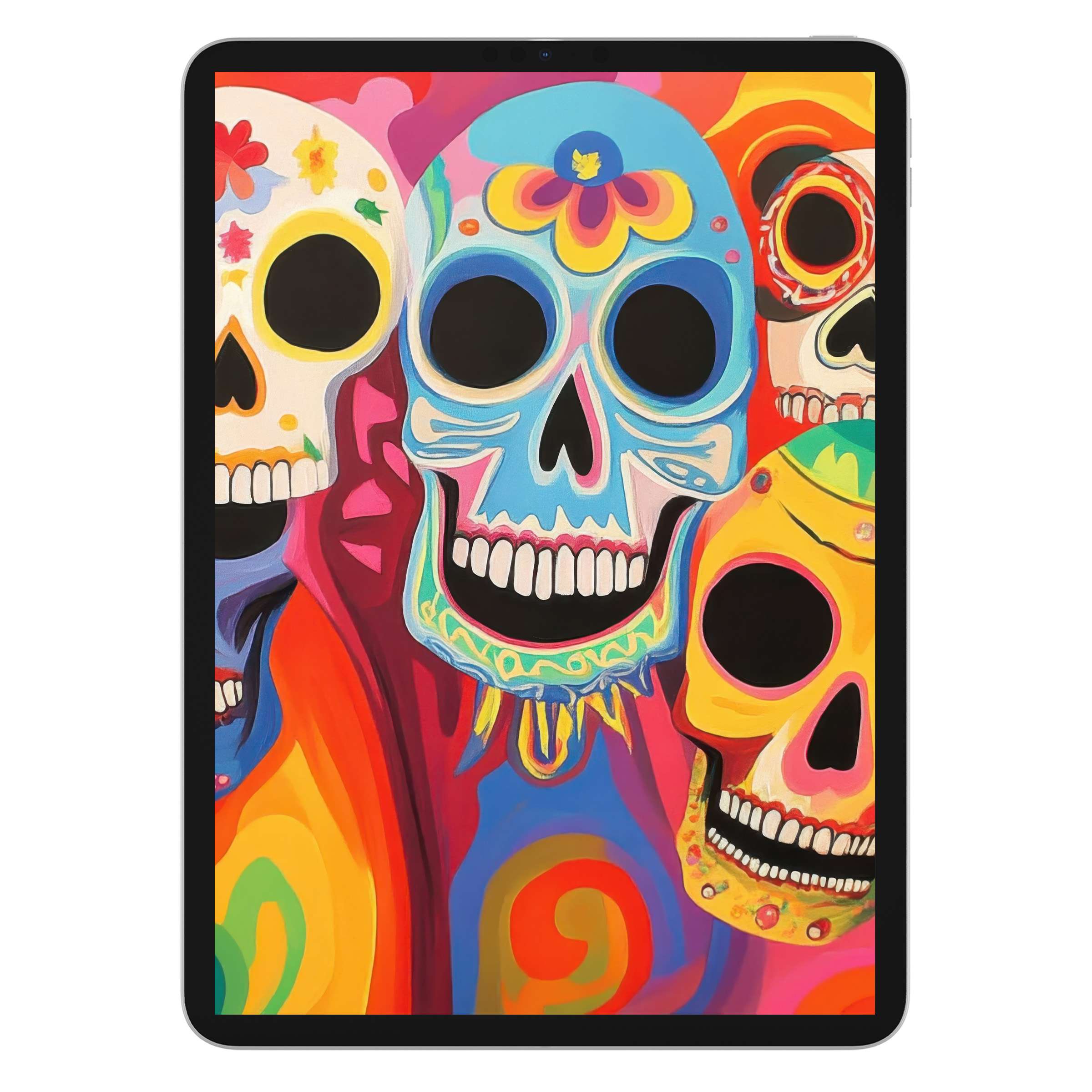 Vibrant pop art iPad wallpaper featuring colorful skulls, ideal digital download for tablet background, inspiring modern decor