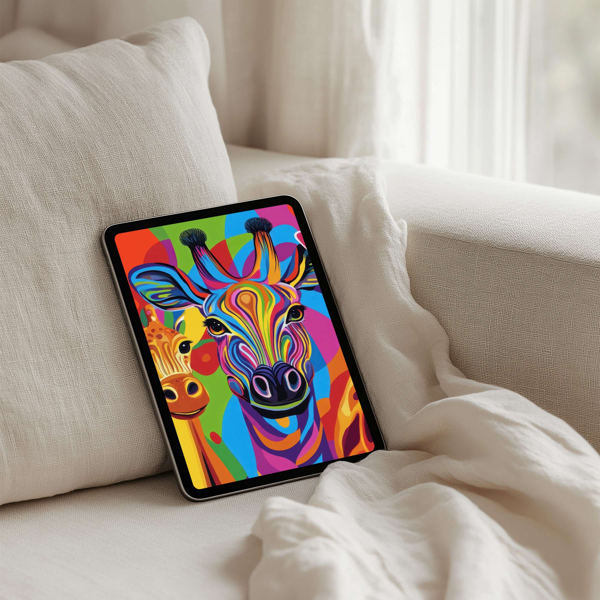Vibrant giraffe digital art as an iPad background inspires calm elegance and fits any tablet with instant download access