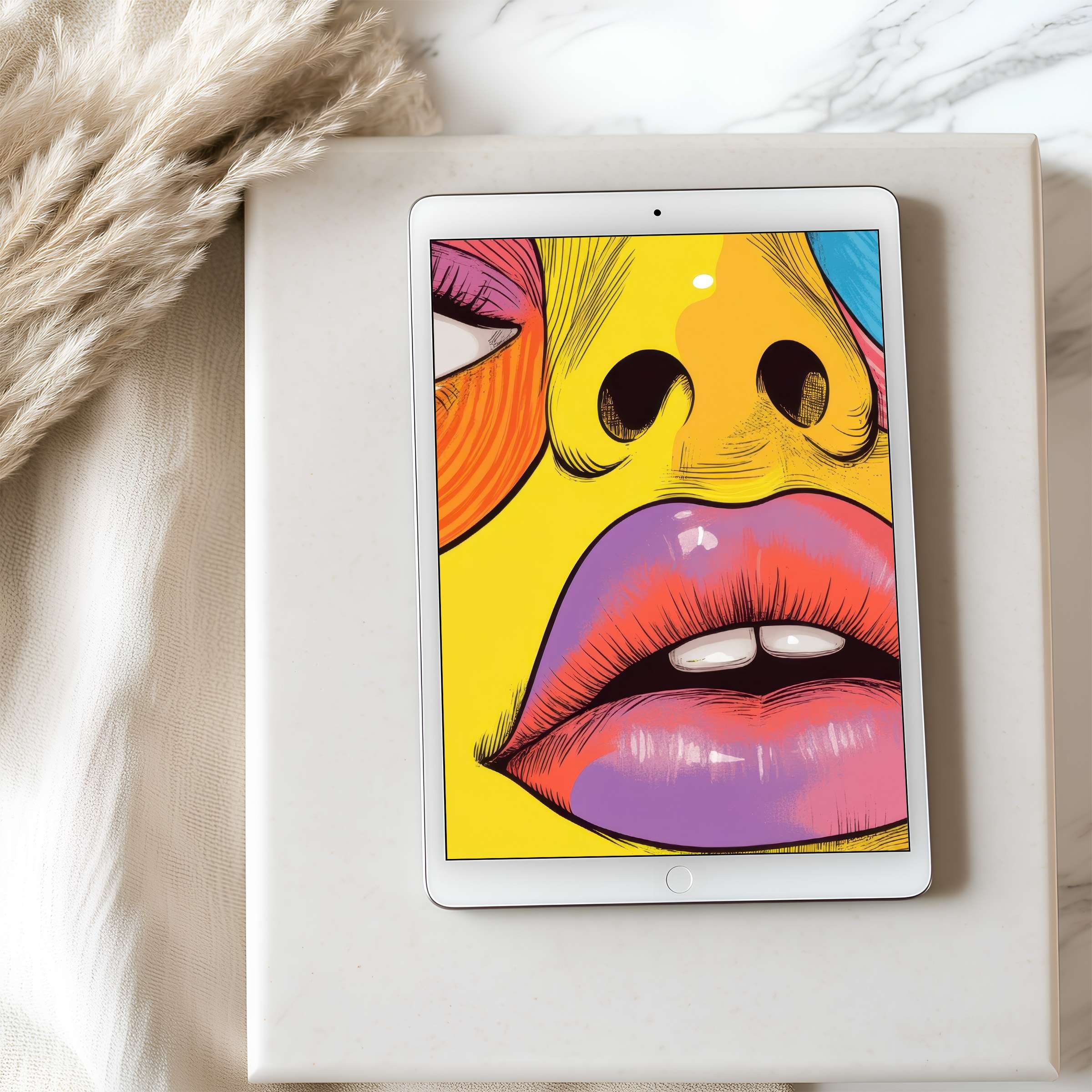 Vibrant pop art tablet wallpaper with bold colors enhances any iPad or Android tablet setting, offering high-resolution digital elegance