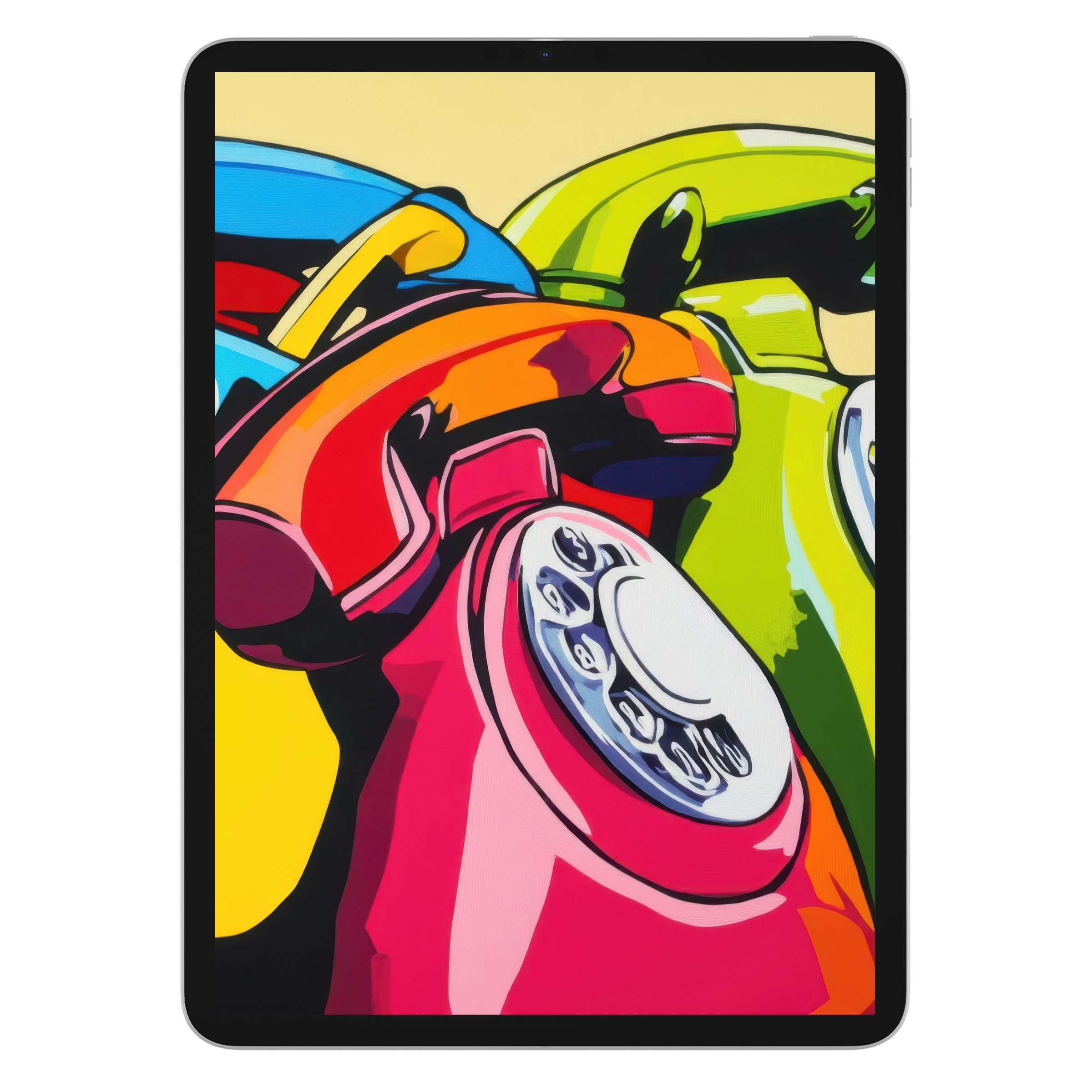 Vibrant pop art iPad wallpaper featuring retro phones in bold colors perfect for digital download and tablet background use