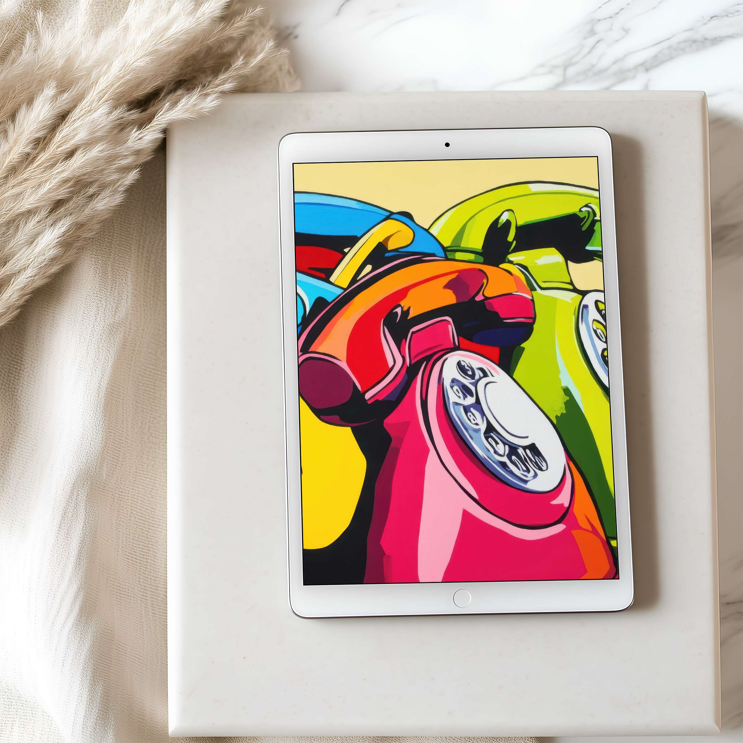 Colorful retro phone art enhances tranquility and style as a tablet wallpaper, high resolution for iPad or Android download