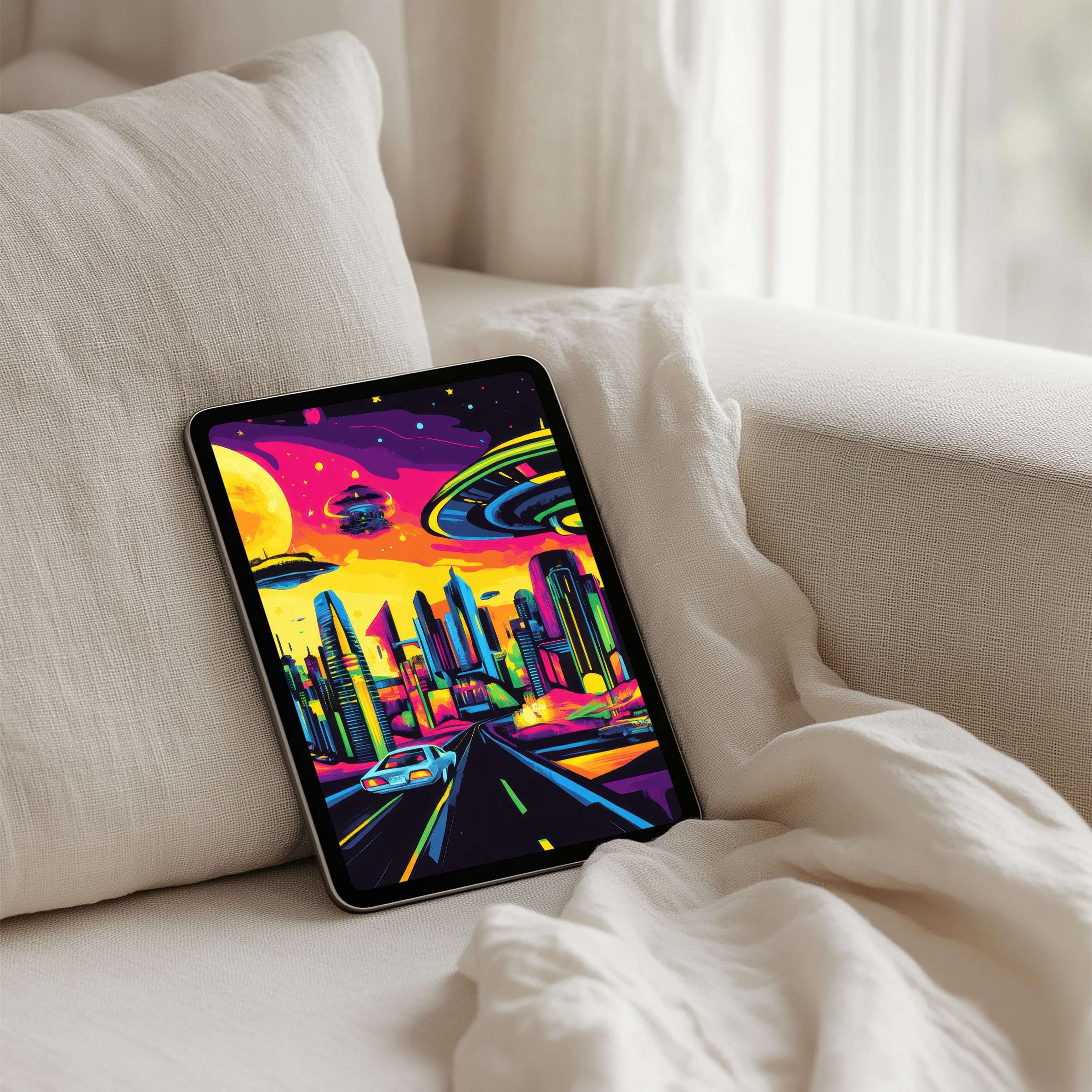 Futuristic neon cityscape iPad background for instant download inspiring calm and elegance on your tablet's screen