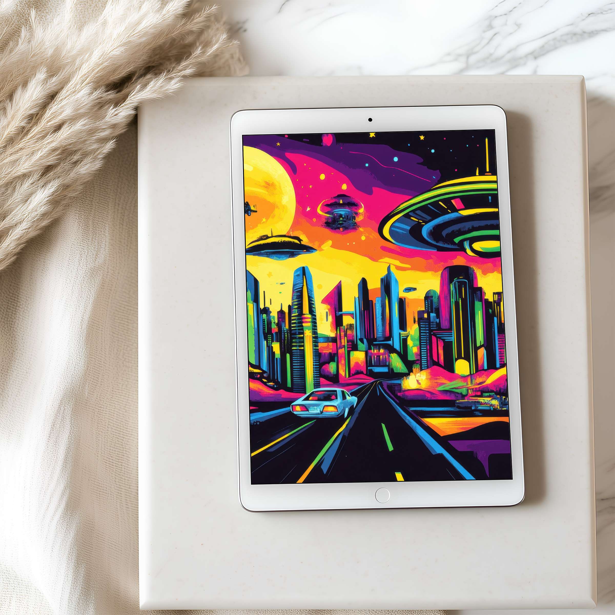 Vibrant futuristic cityscape tablet wallpaper in high resolution for iPad download enhances your digital space with elegance and calm