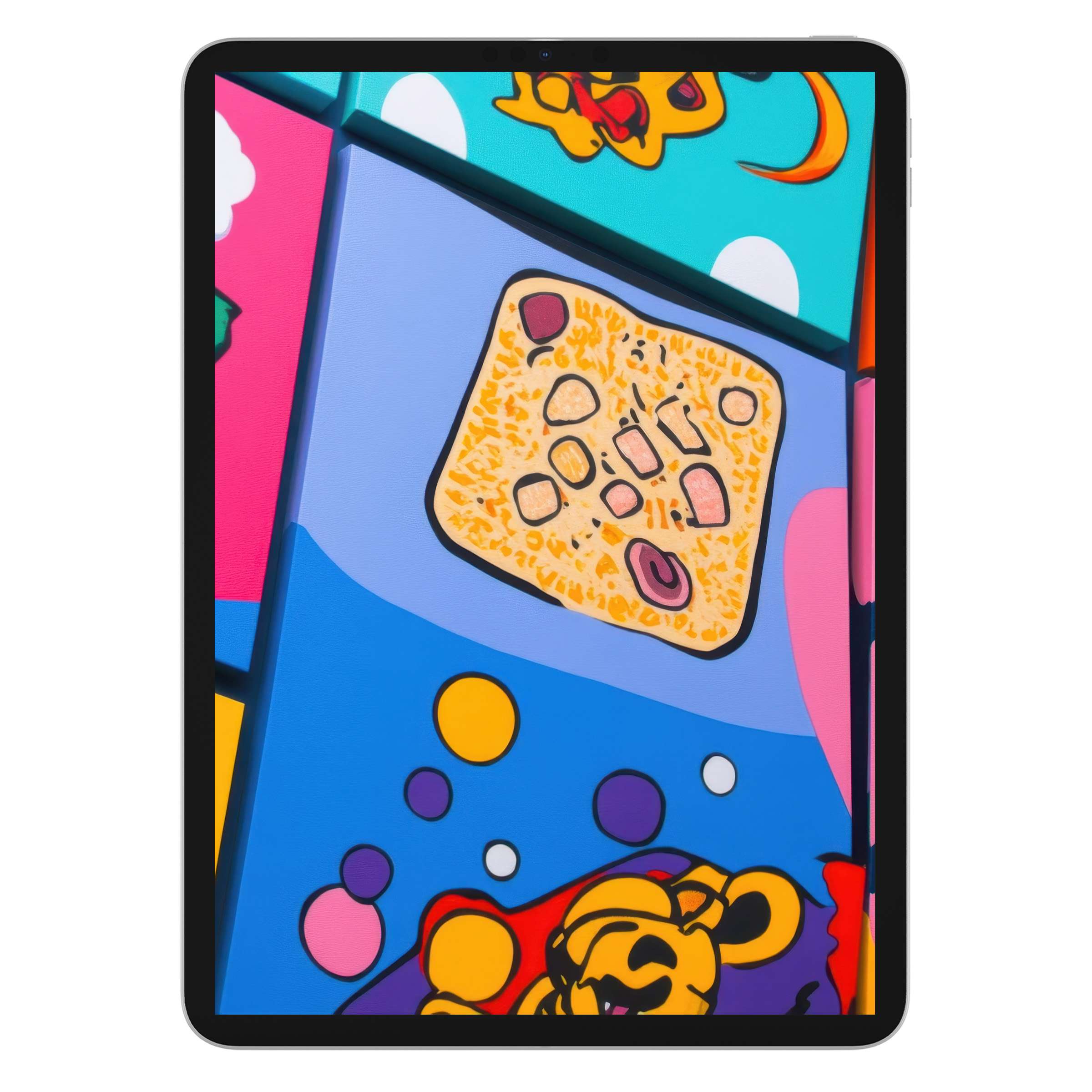 Vibrant pop art iPad wallpaper featuring playful colors and patterns, perfect digital download for Samsung or Android tablet background