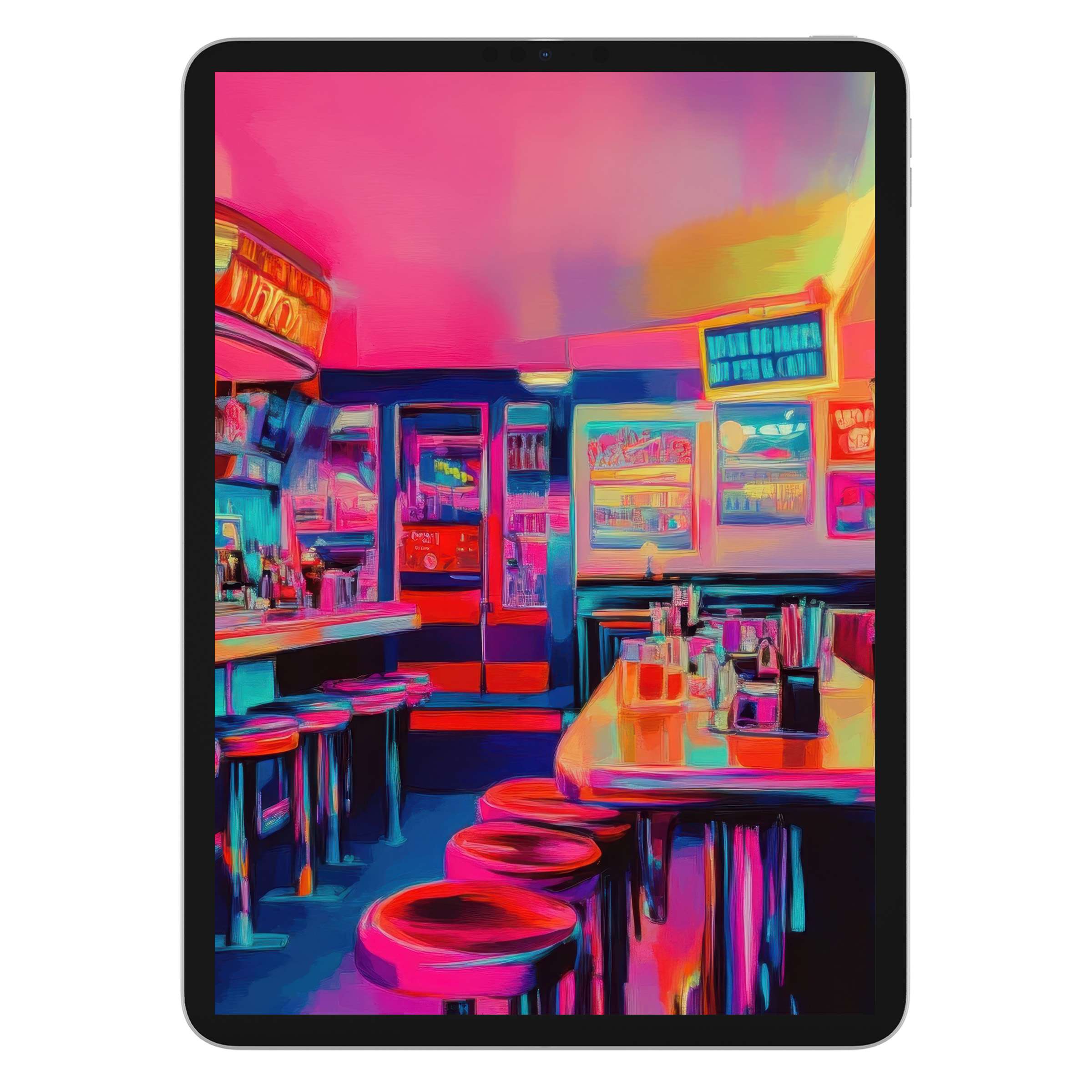 Vibrant pop art iPad wallpaper with neon diner scene, perfect for tablet background; digital download offers artistic flair and elegance