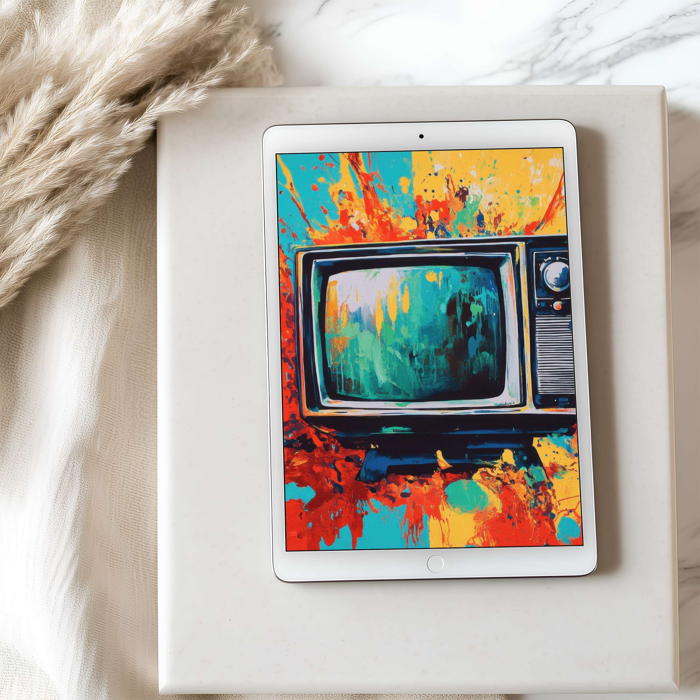 Vibrant tablet wallpaper with abstract vintage TV art, enhancing any curated space, suitable for high resolution iPad or Android download