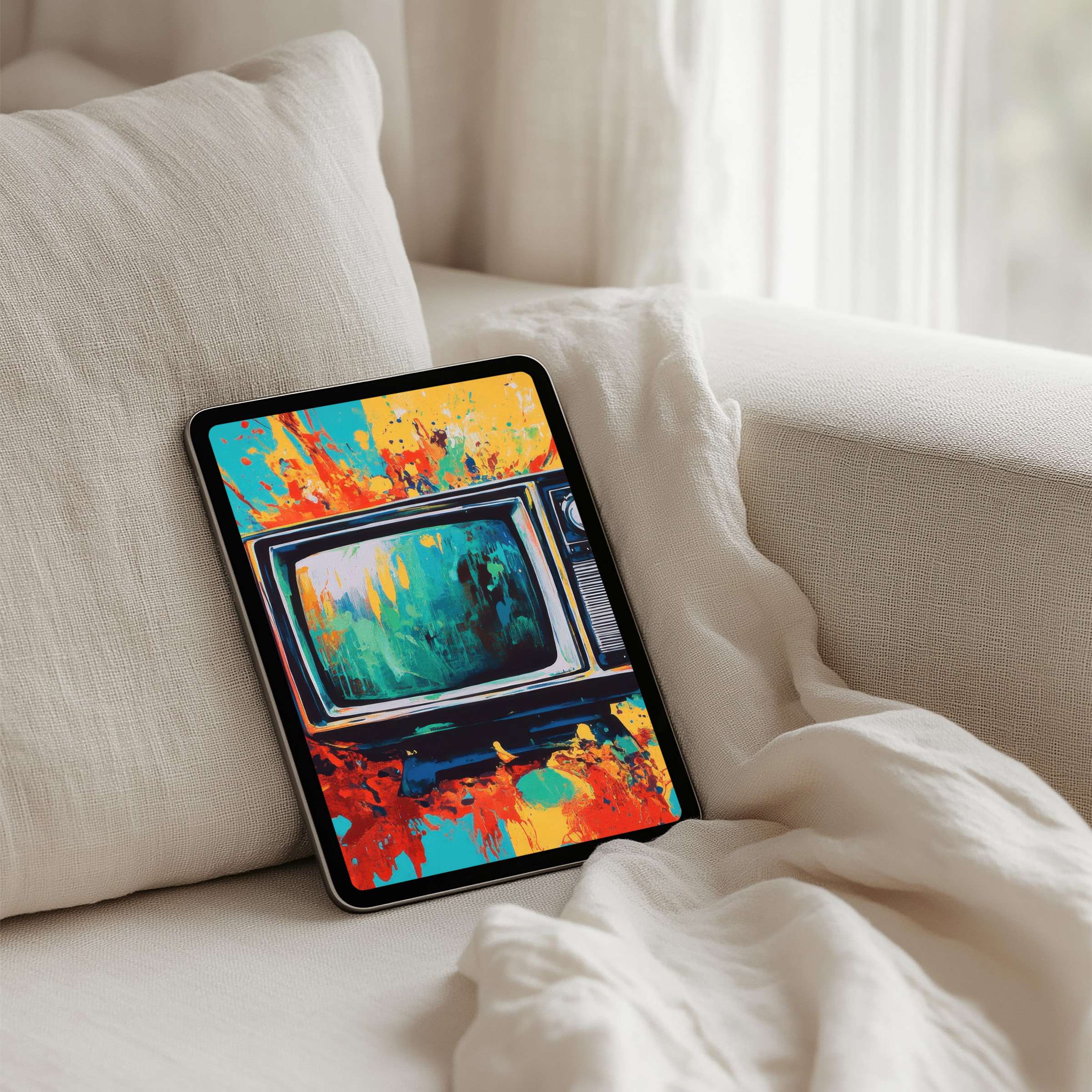 Vibrant retro TV artwork iPad background, instant download for tablet use, inspiring calm elegance with colorful abstract splashes