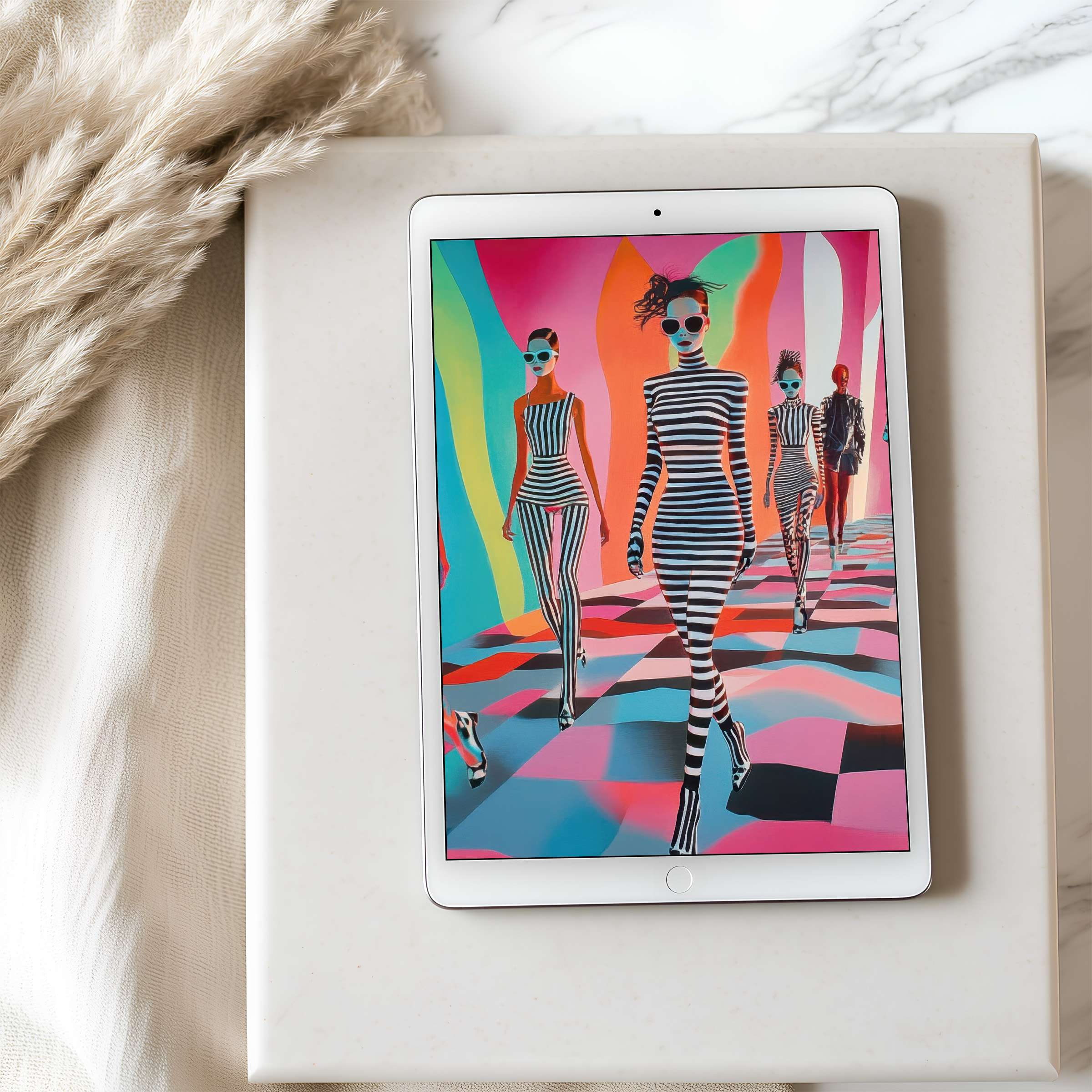 Vibrant tablet wallpaper featuring avant-garde fashion models in striped patterns, perfect for iPad or Android download in high resolution