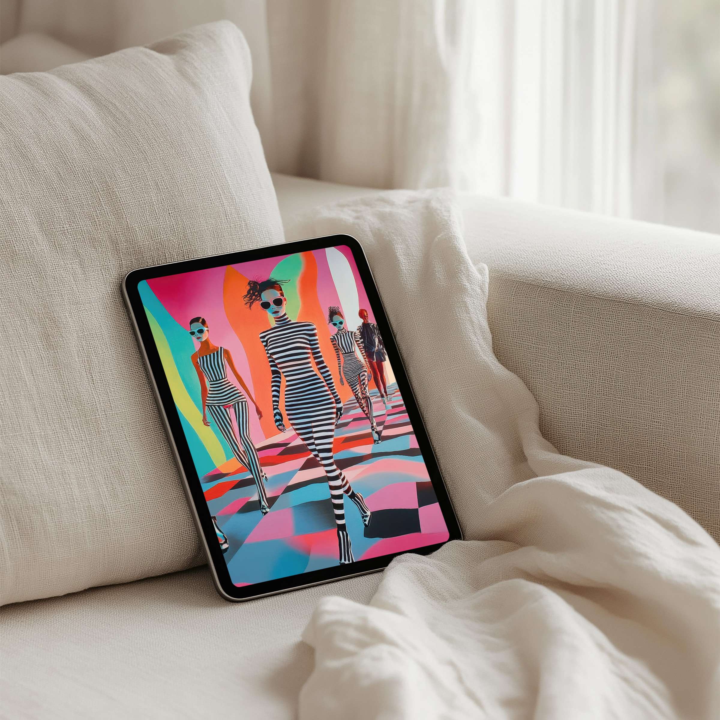 Elegant iPad background with colorful, striped figures inspiring calm and mindfulness, perfect tablet display and instant download