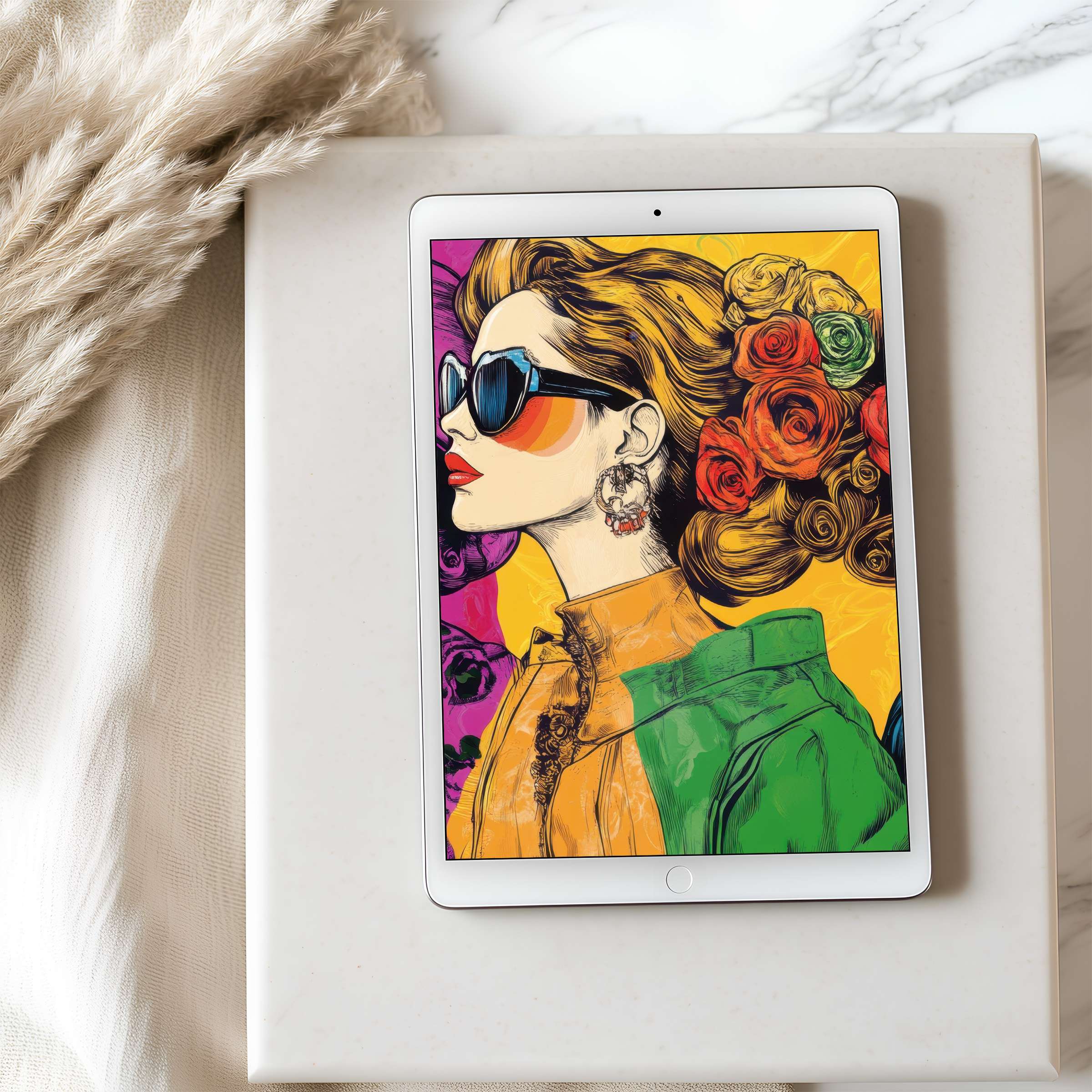 Vibrant portrait tablet wallpaper featuring bold colors and intricate design enhances interiors with curated elegance for iPad and Android users