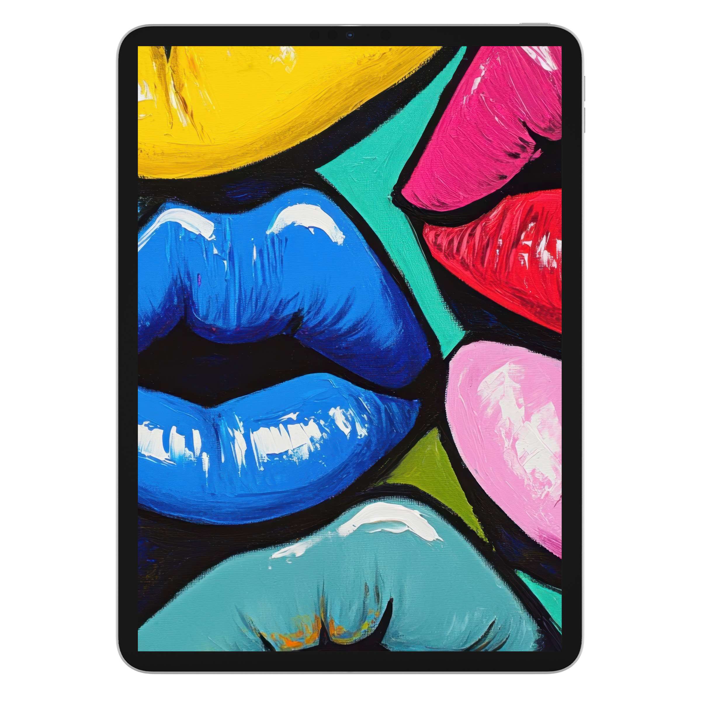 Vibrant pop art iPad wallpaper featuring colorful lips, perfect digital download for a stylish tablet background on any device